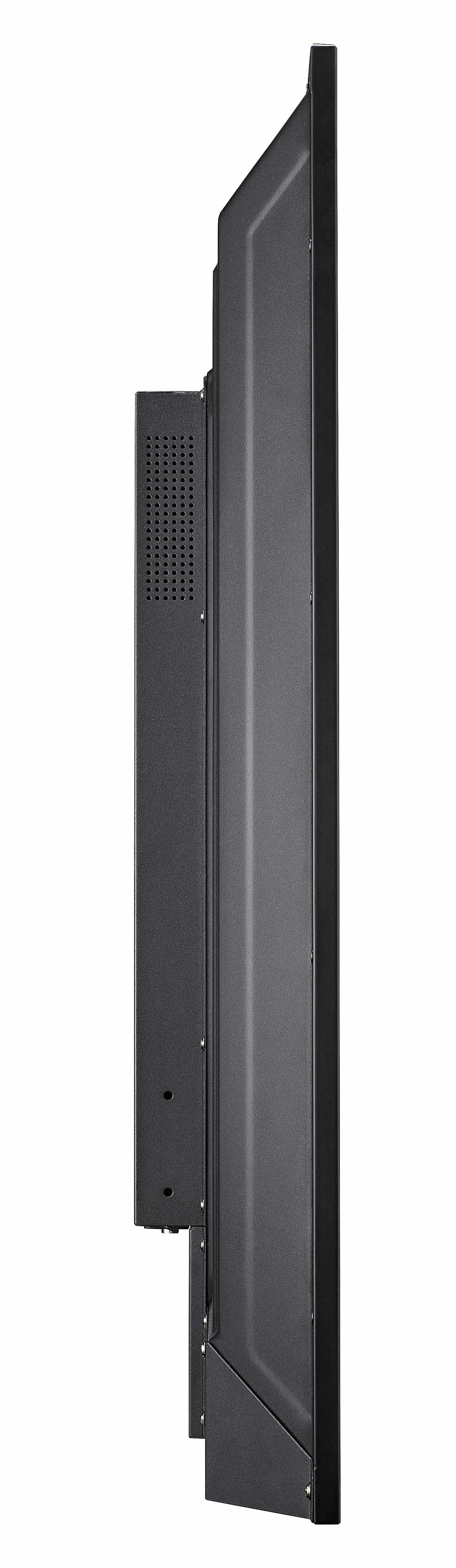 Seitenansicht eines schwarzen elektronischen Geräts, möglicherweise ein Bildschirm oder Display, mit rechteckiger Form und Seitenkomponente.