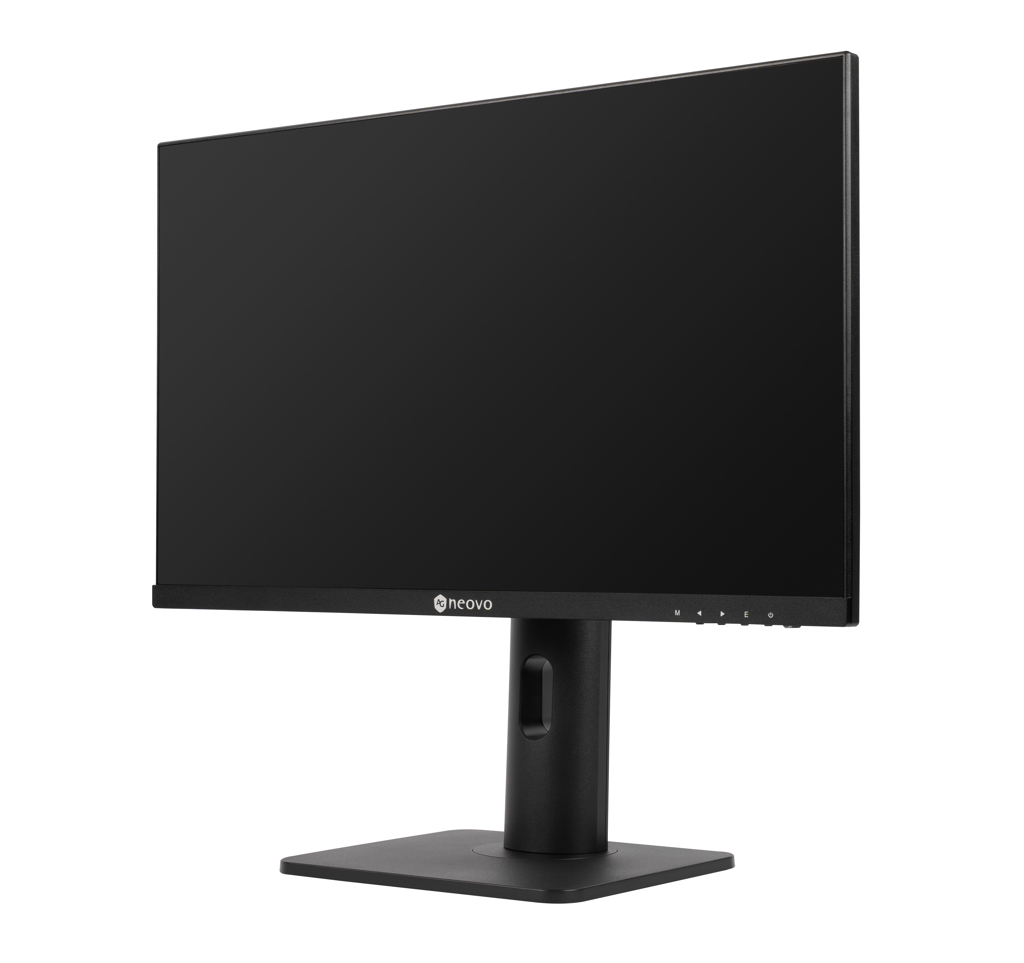 A black monitor with a black stand. The screen is black, with the Neovo logo at the bottom.