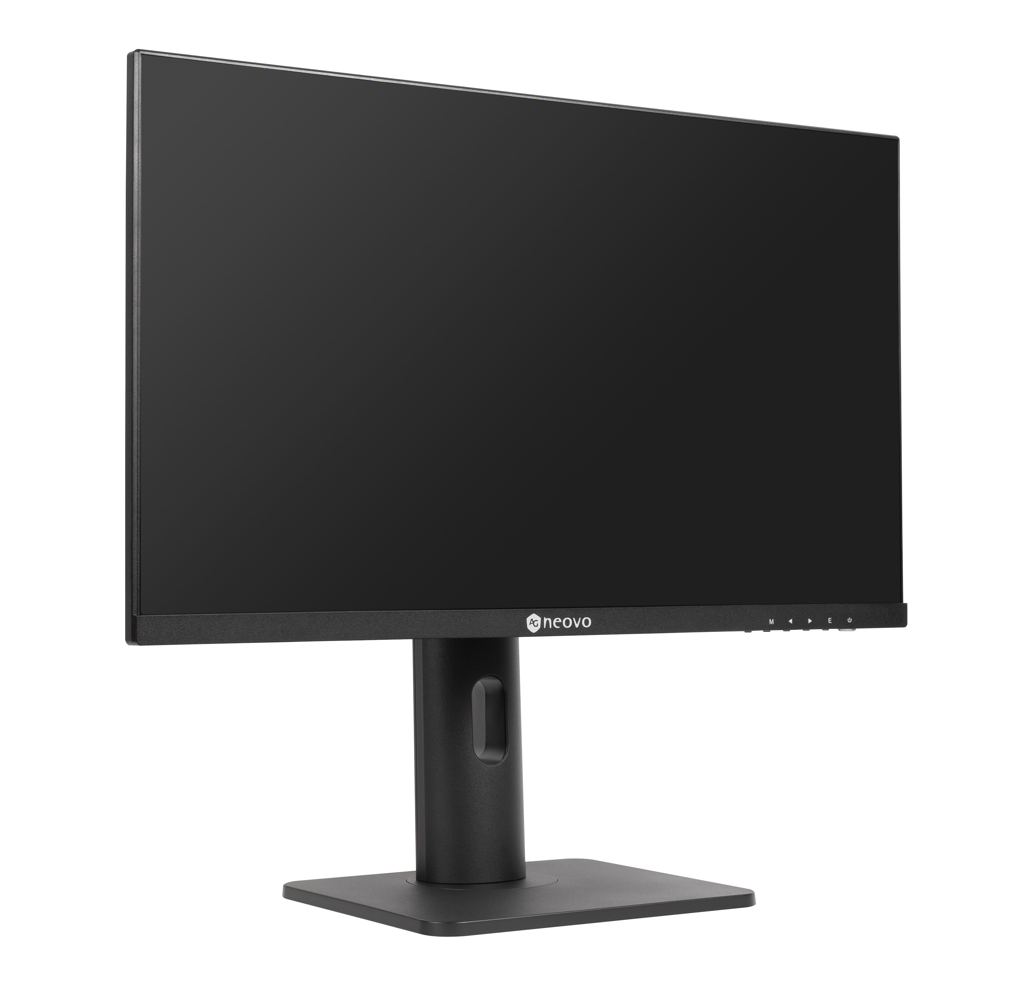 A black Neovo monitor on a black stand, angled, with a blank, turned-off screen.