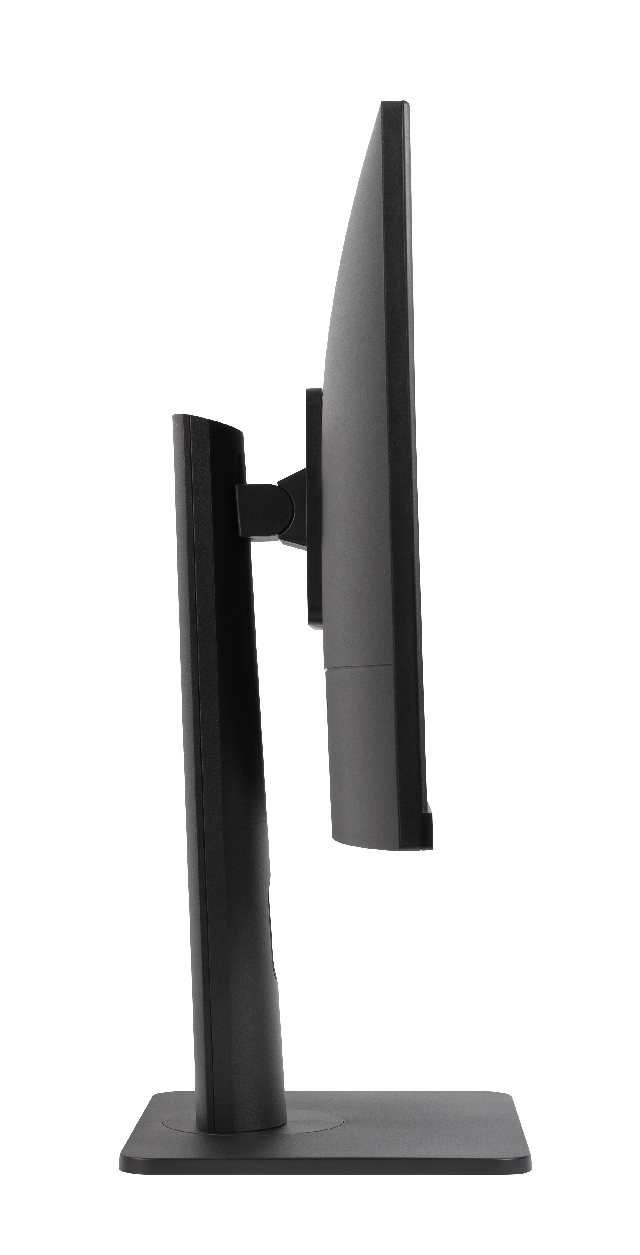 Side view of a black computer monitor with a stand.