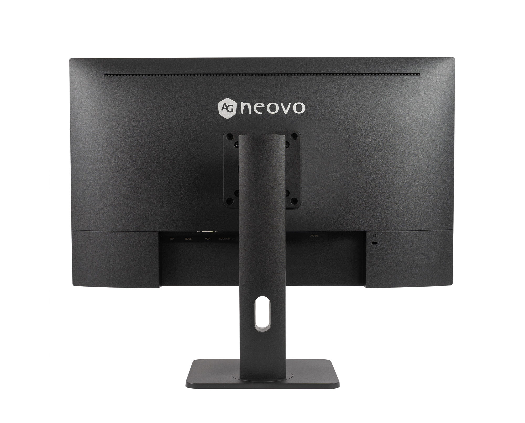 Rear view of a black monitor with the AG Neovo logo and connection ports.