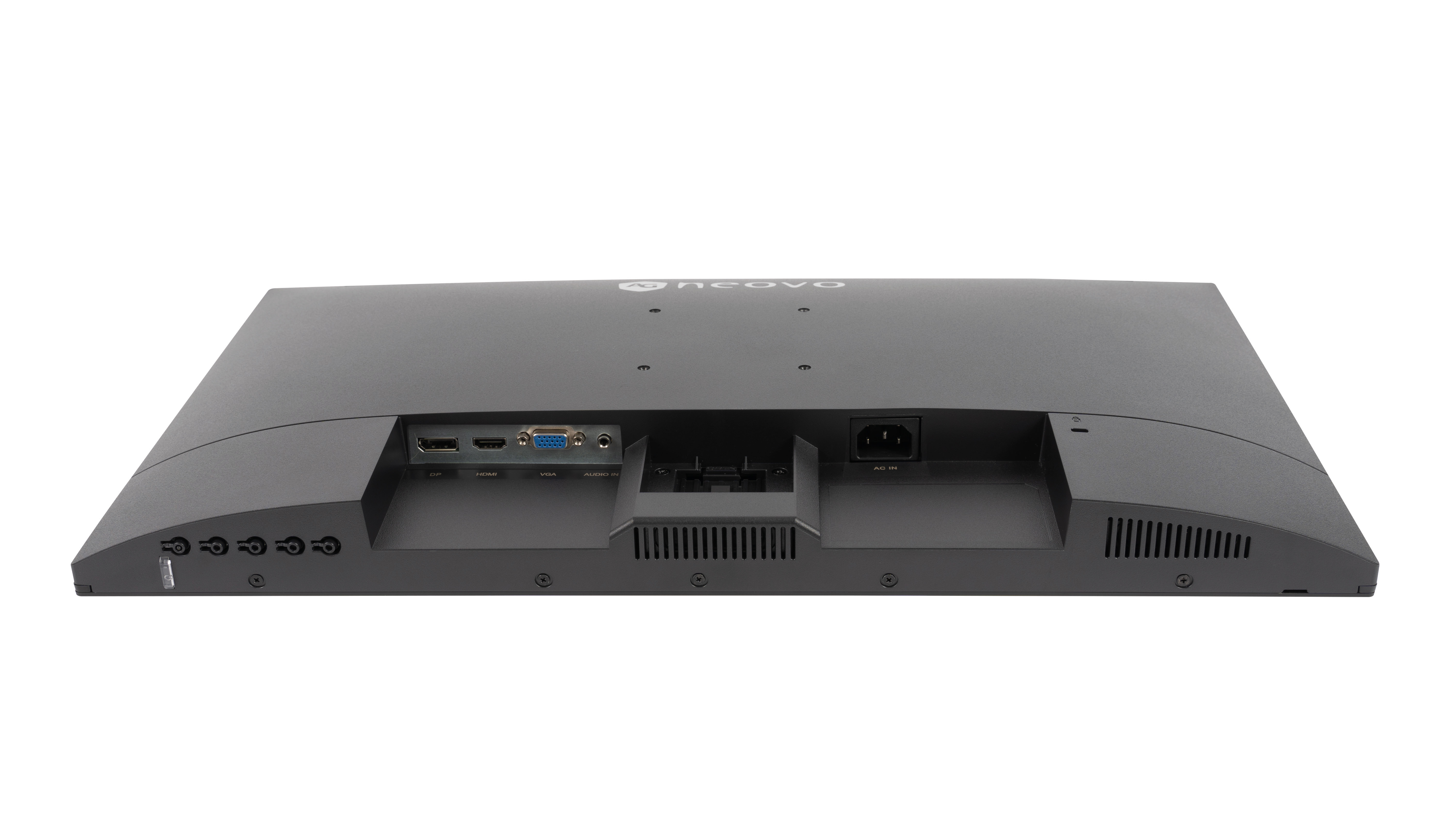 Back of a black monitor with ports and ventilation on a white background.