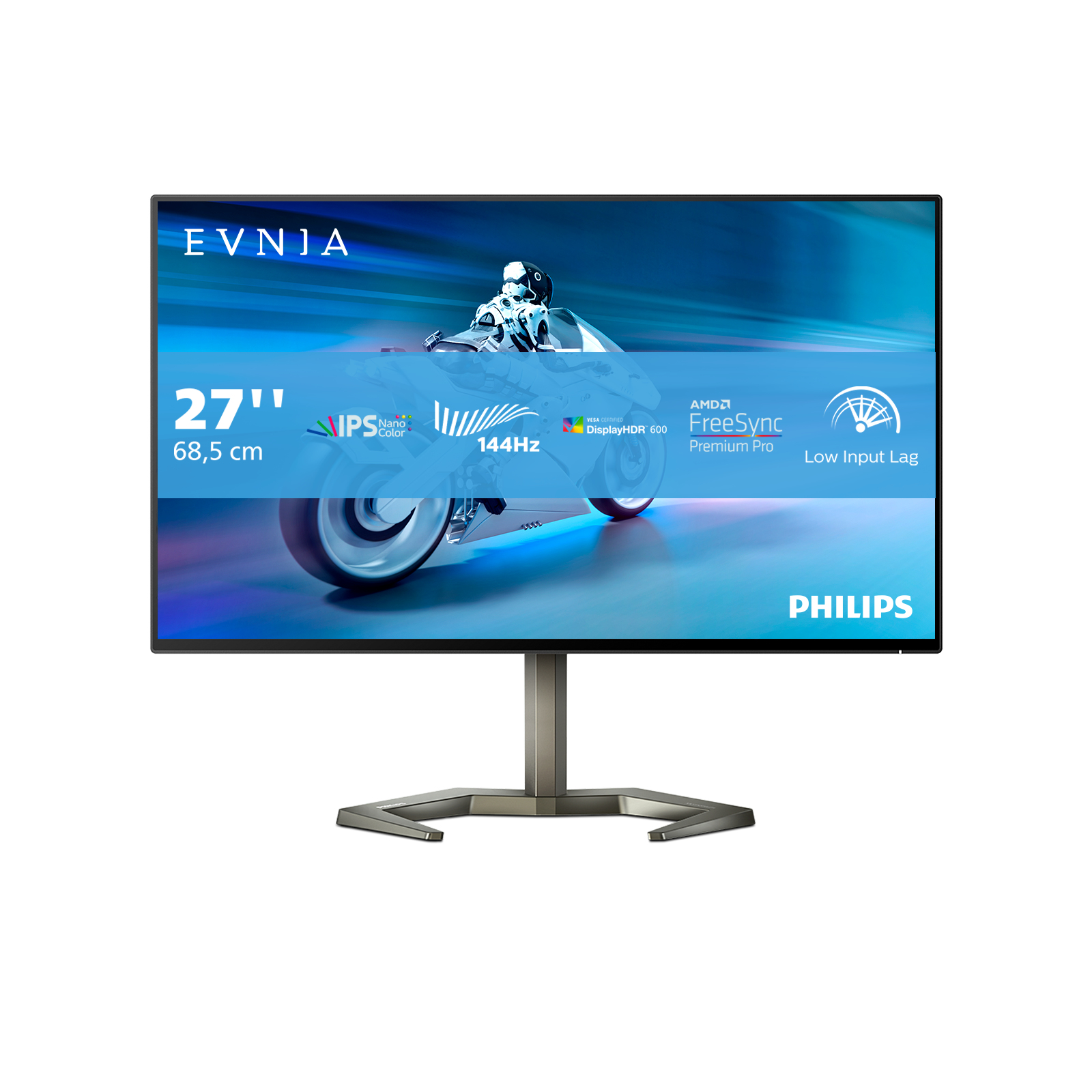 Monitor da gioco con una moto sullo schermo e logo Philips.