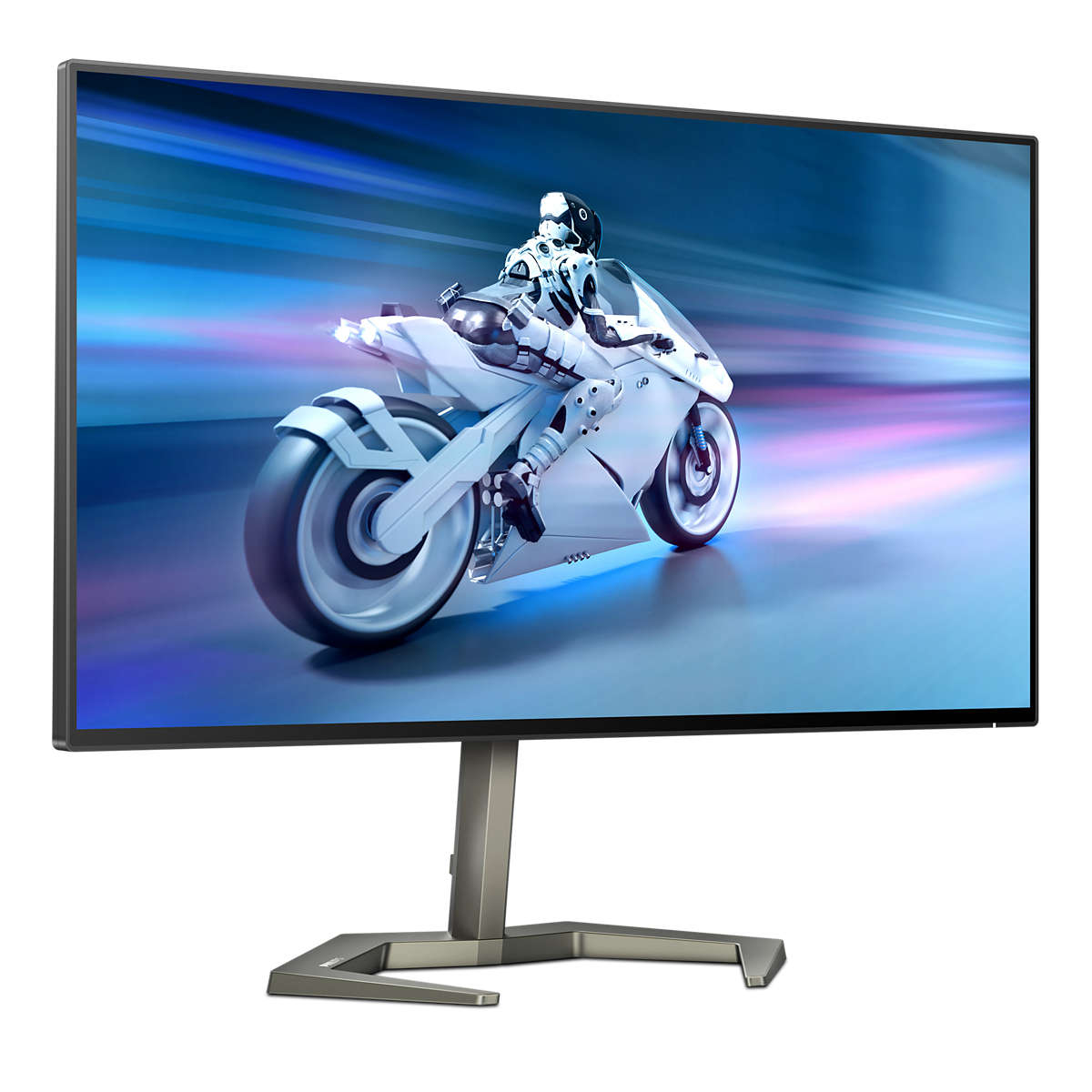 Un monitor che mostra una scena di moto futuristica. Presenta un supporto argentato e uno sfondo bianco.