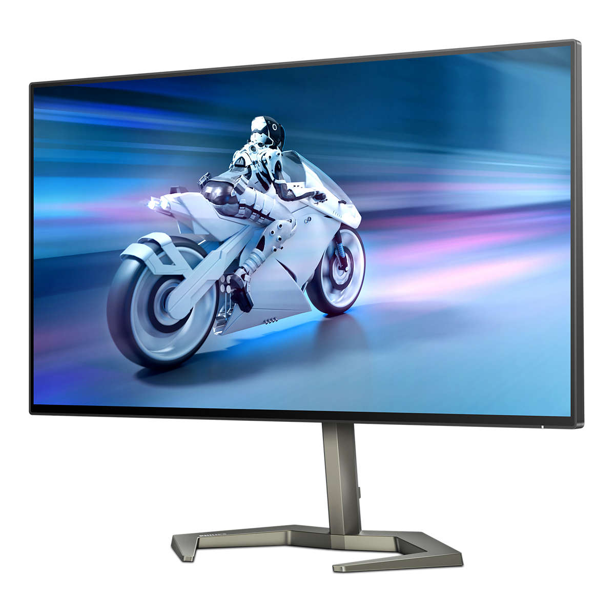 Monitor che mostra un motociclista su una pista. Il supporto è argento. Sfondo blu.