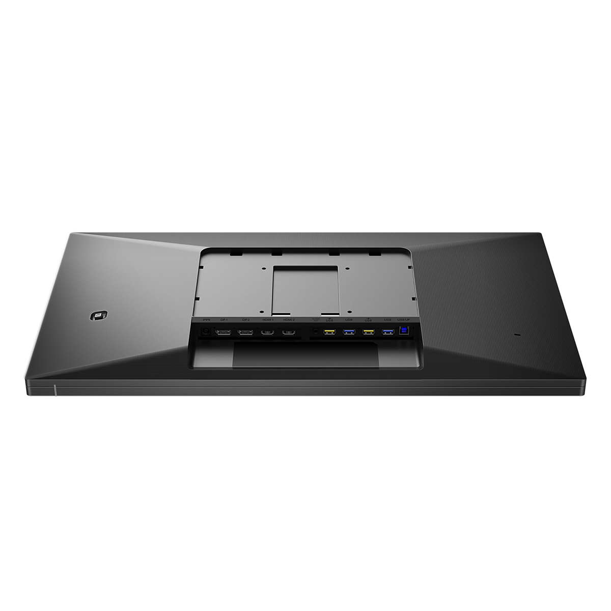 Il retro di un monitor nero. Dispone di varie porte e un ingresso di alimentazione.