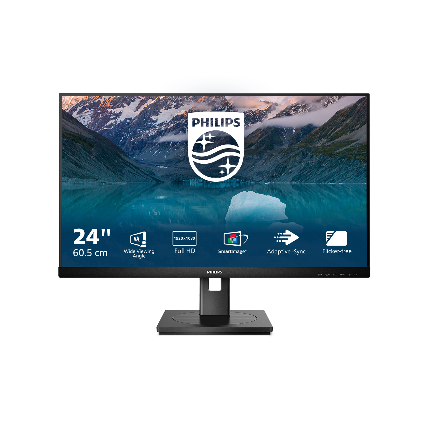 Czarny monitor komputera z jeziorem i górami. Ma czarną podstawę i logo Philips.