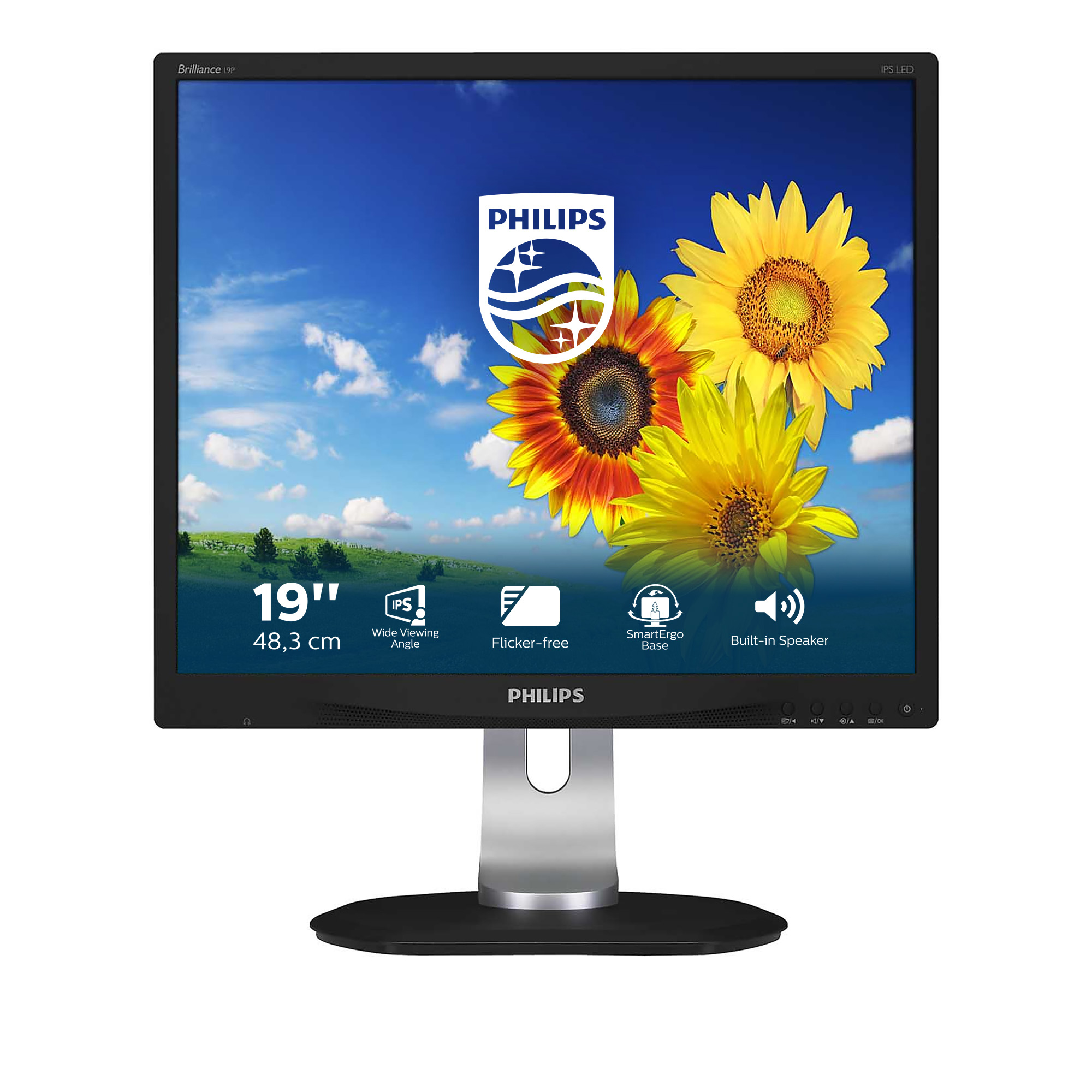 Monitor Philips mostrando girasoles sobre un fondo de cielo azul.