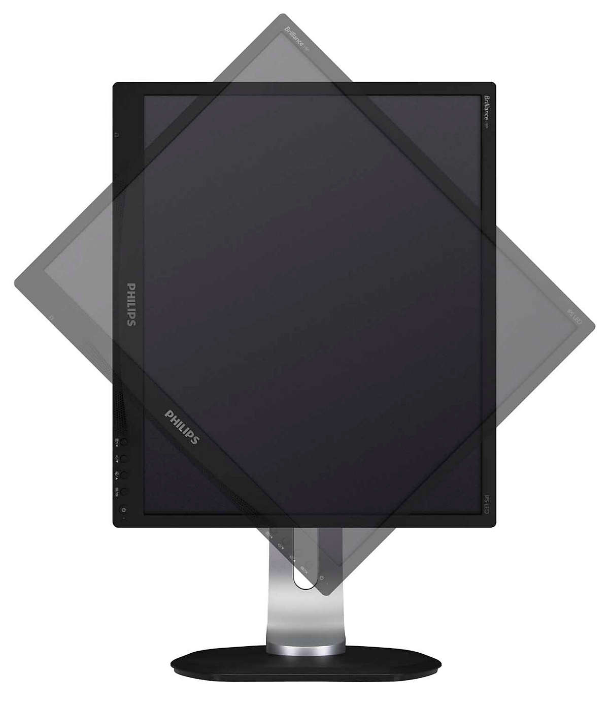 Monitor Philips con pantalla giratoria. La pantalla es negra. El soporte es plateado y negro.