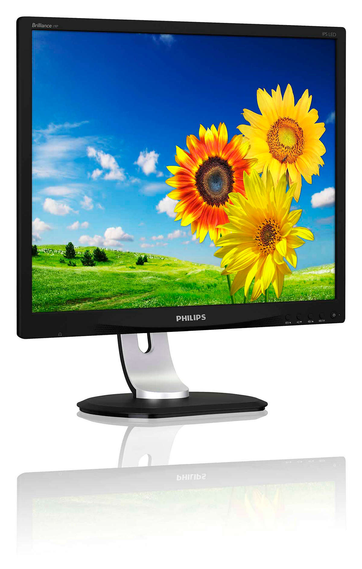 Un monitor Philips muestra girasoles y un cielo azul.