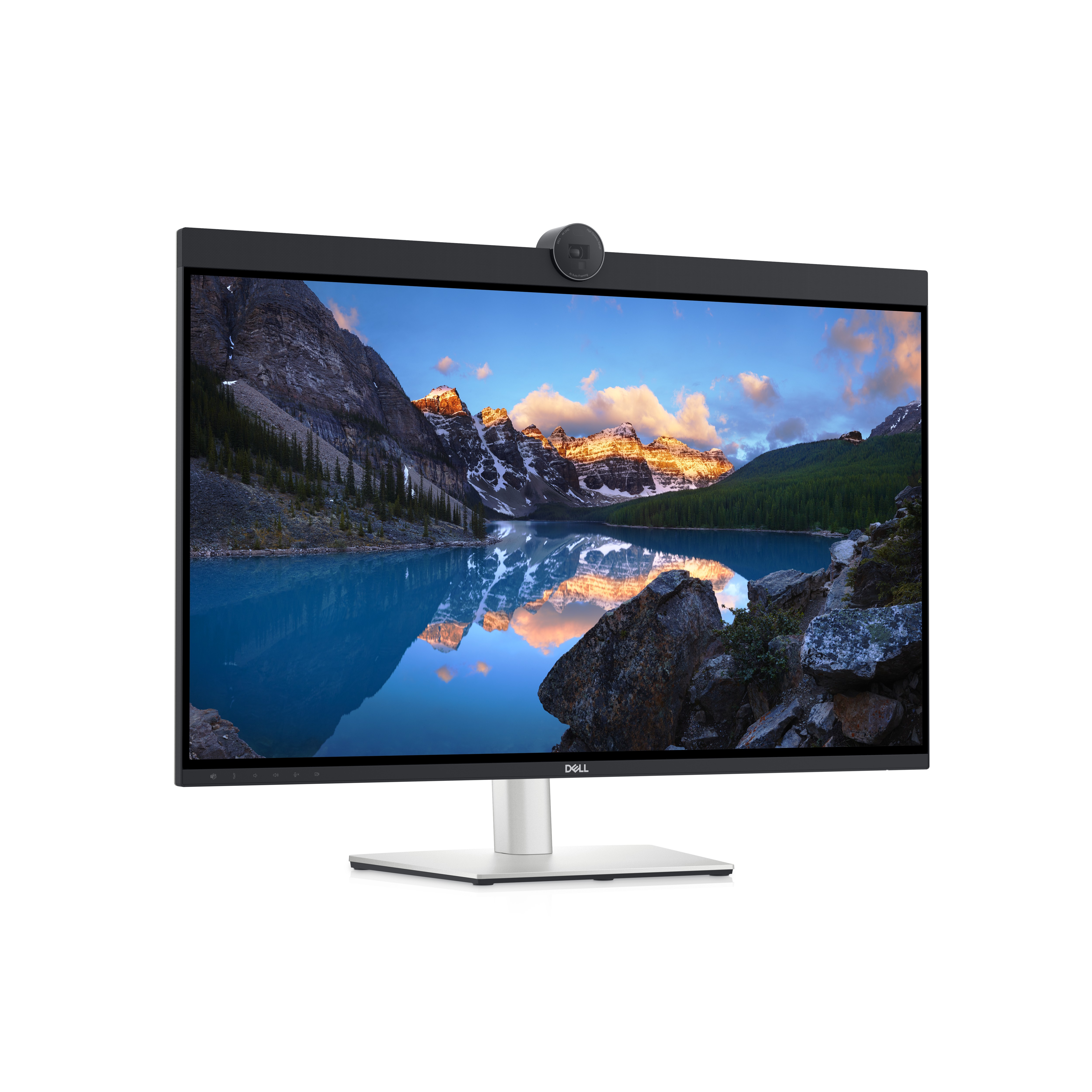 Ein Dell-Monitor zeigt eine See- und Berglandschaft. Er hat eine eingebaute Webcam.
