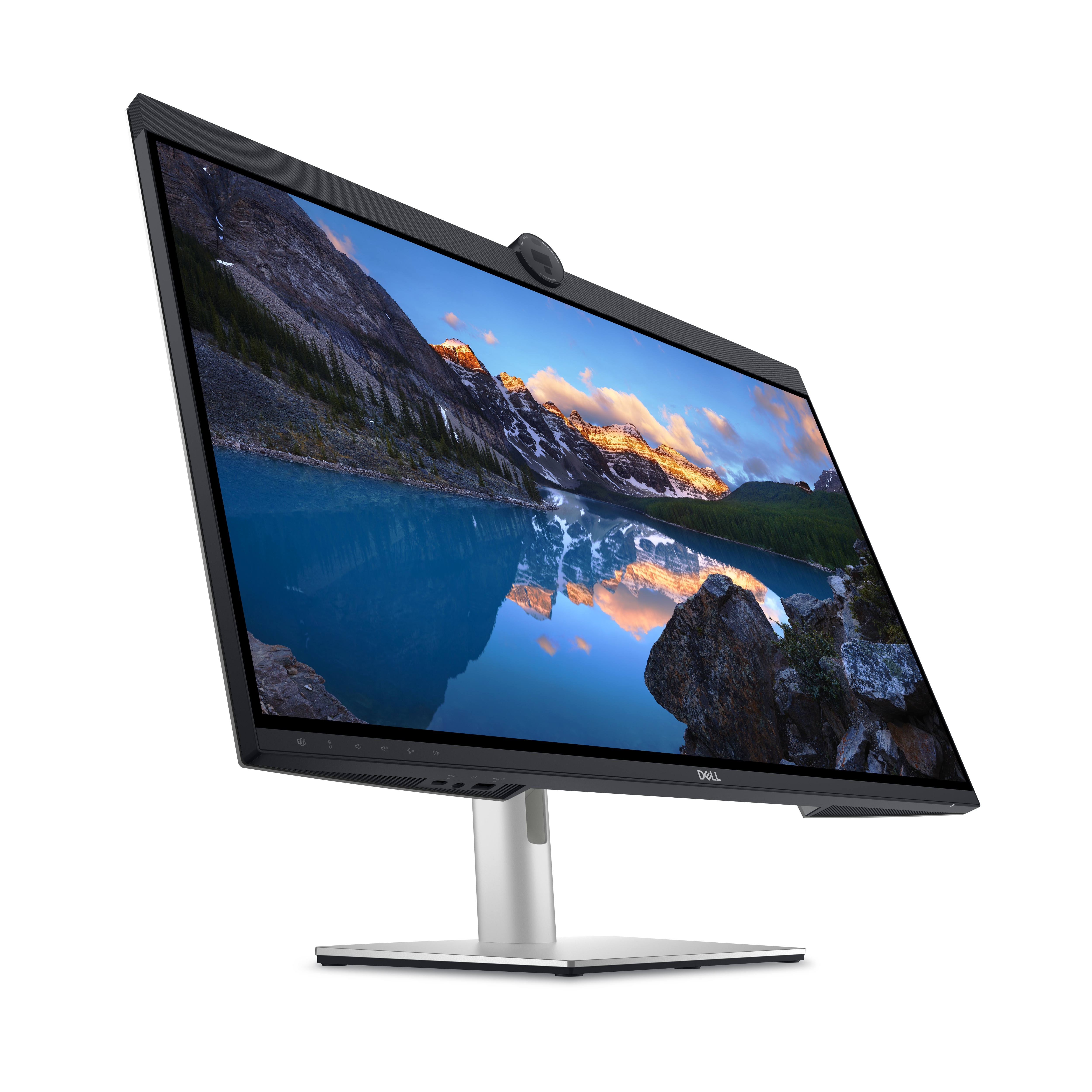 Ein Dell-Monitor zeigt ein landschaftliches See- und Berg-Bild.