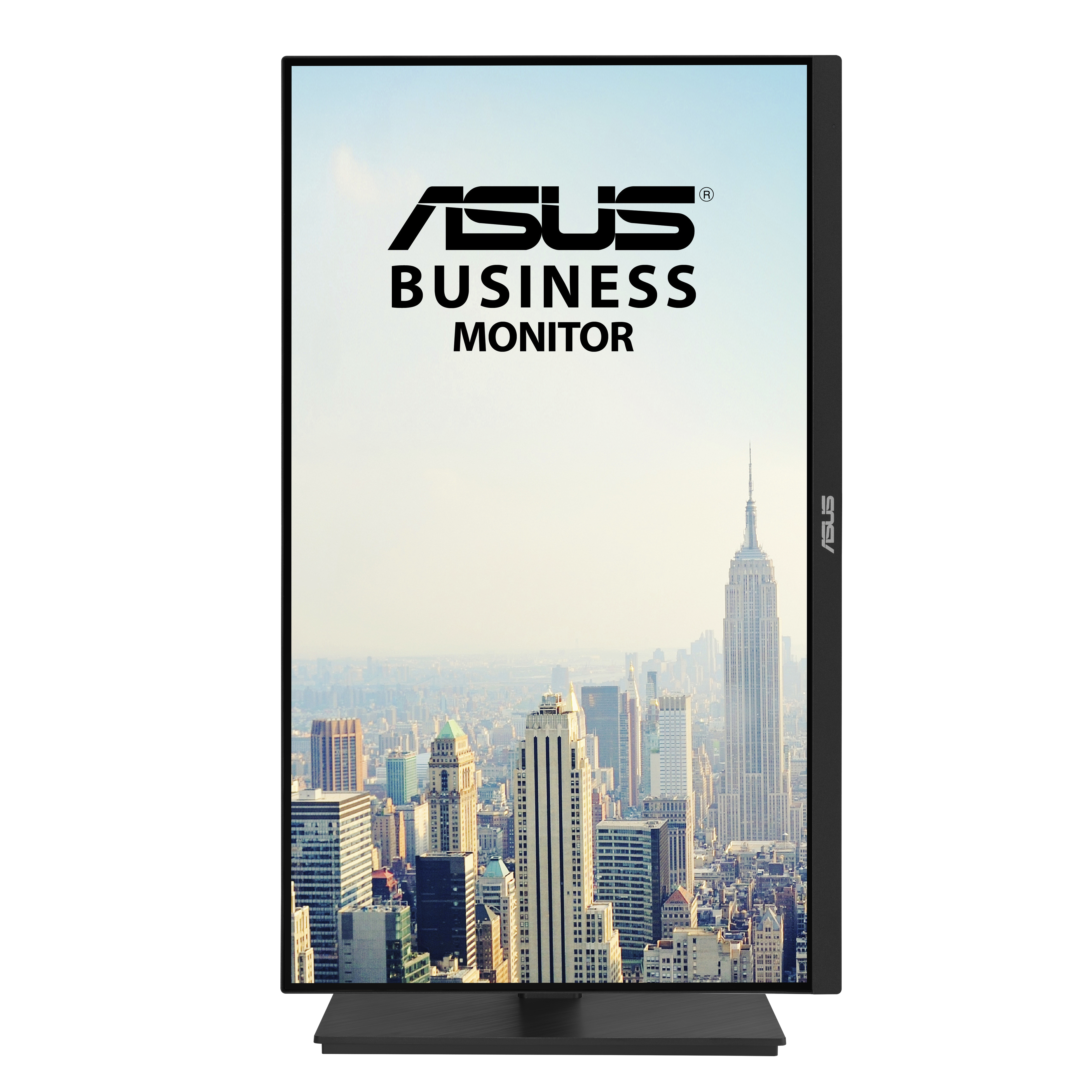 Asus business monitor displays a city skyline. Black frame, black stand, and Asus logo.