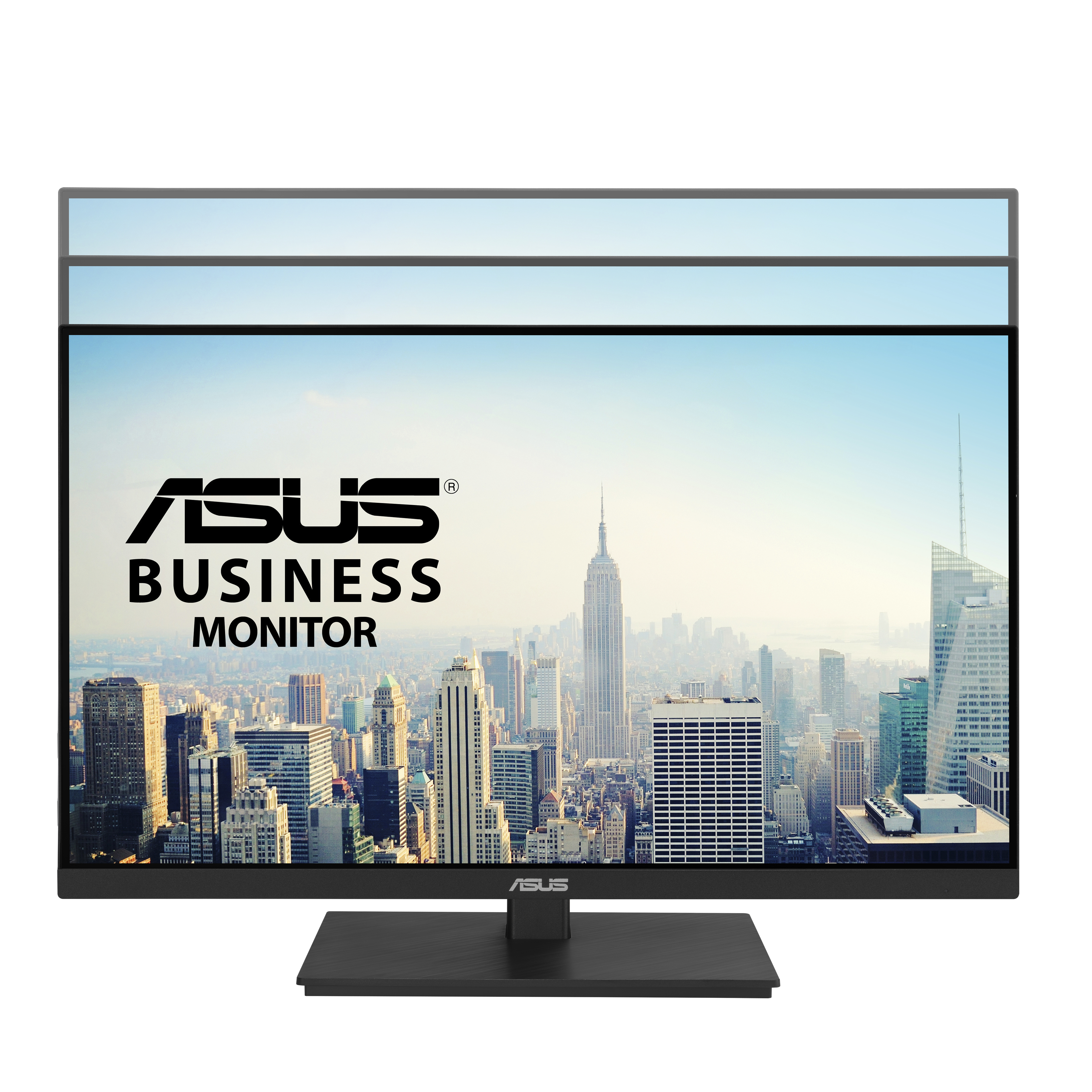 An ASUS Business Monitor displaying a city skyline. The monitor has a black stand and a white background.