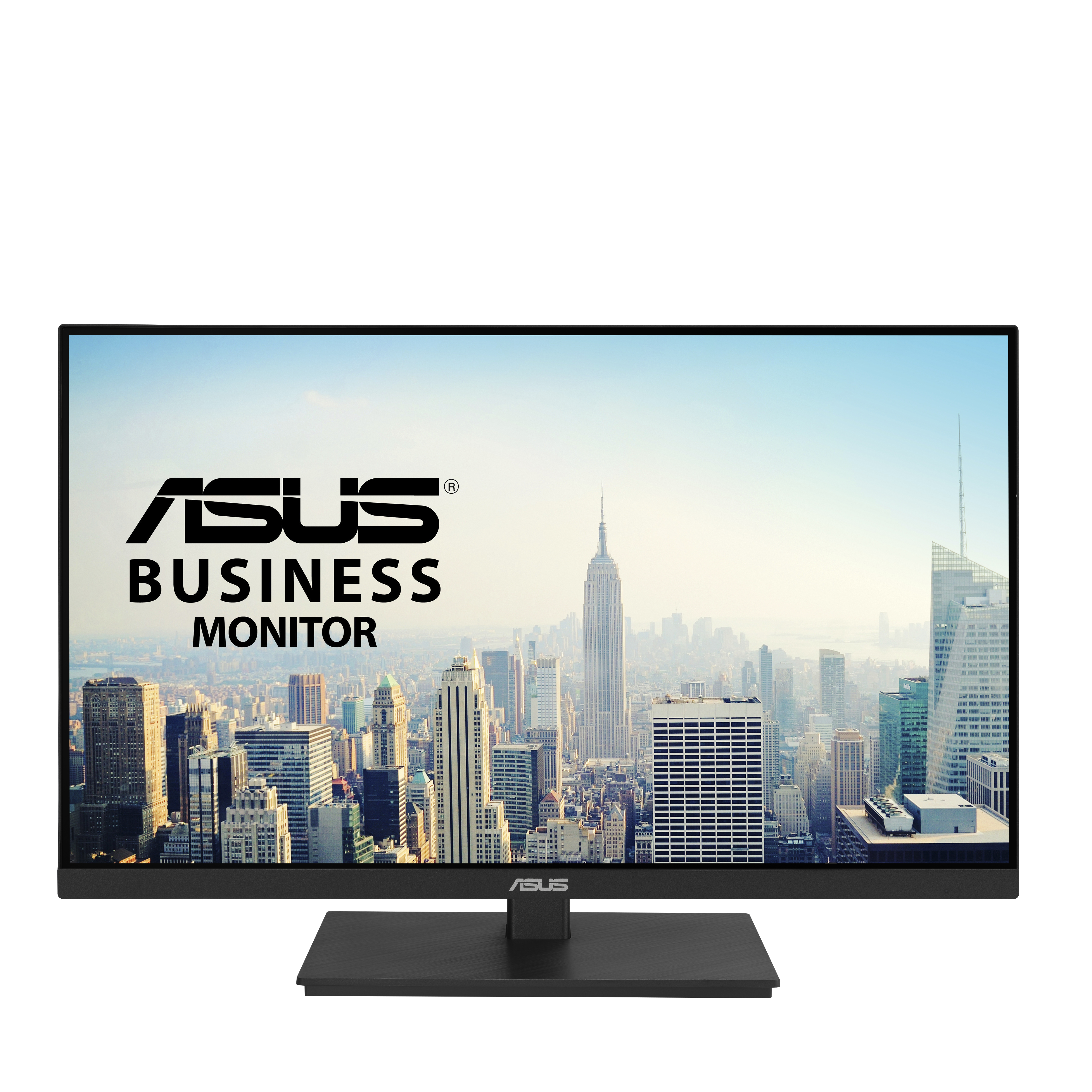 ASUS Business Monitor, cityscape background, black stand, white background.