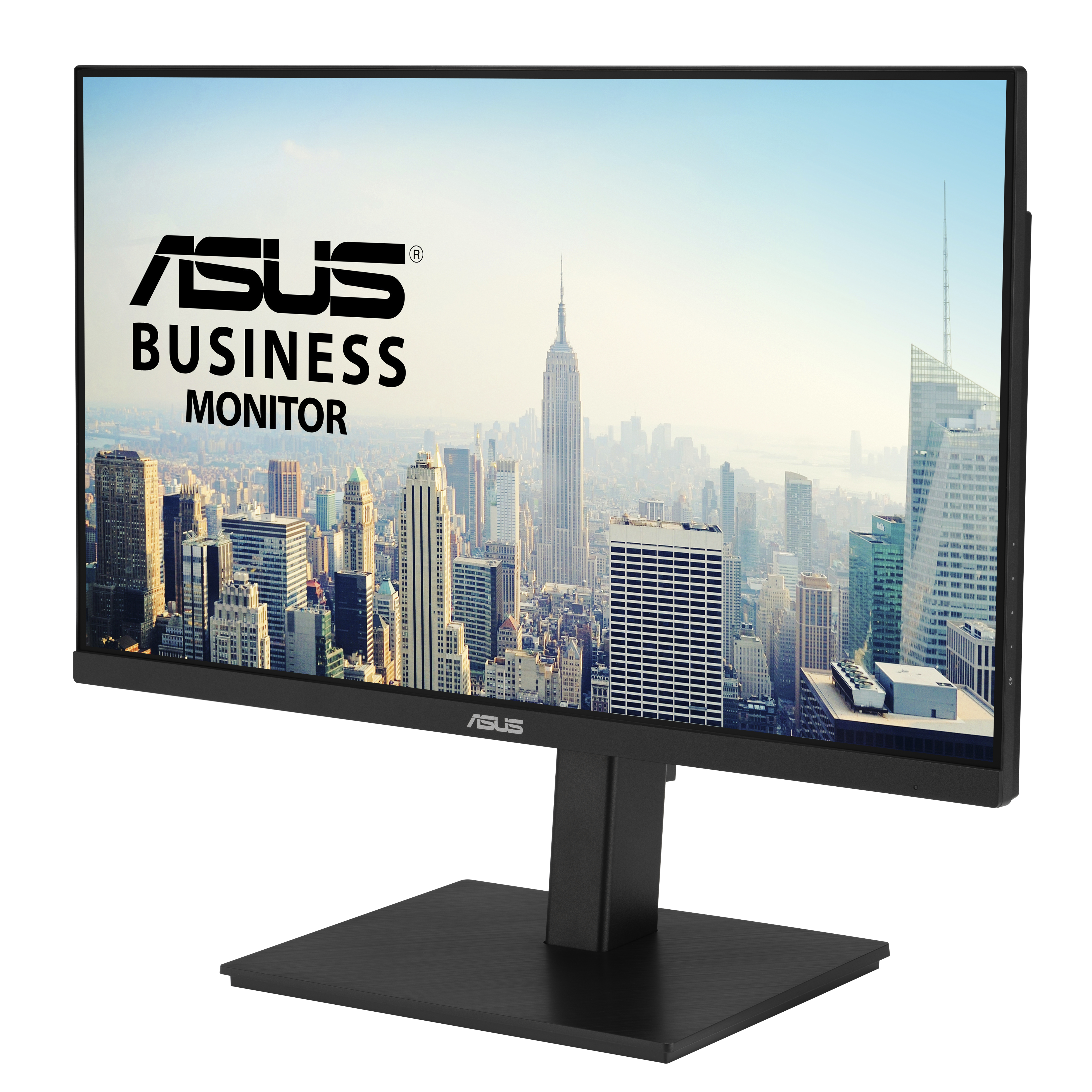 ASUS business monitor displaying a cityscape with the Empire State Building. The monitor sits on a table.