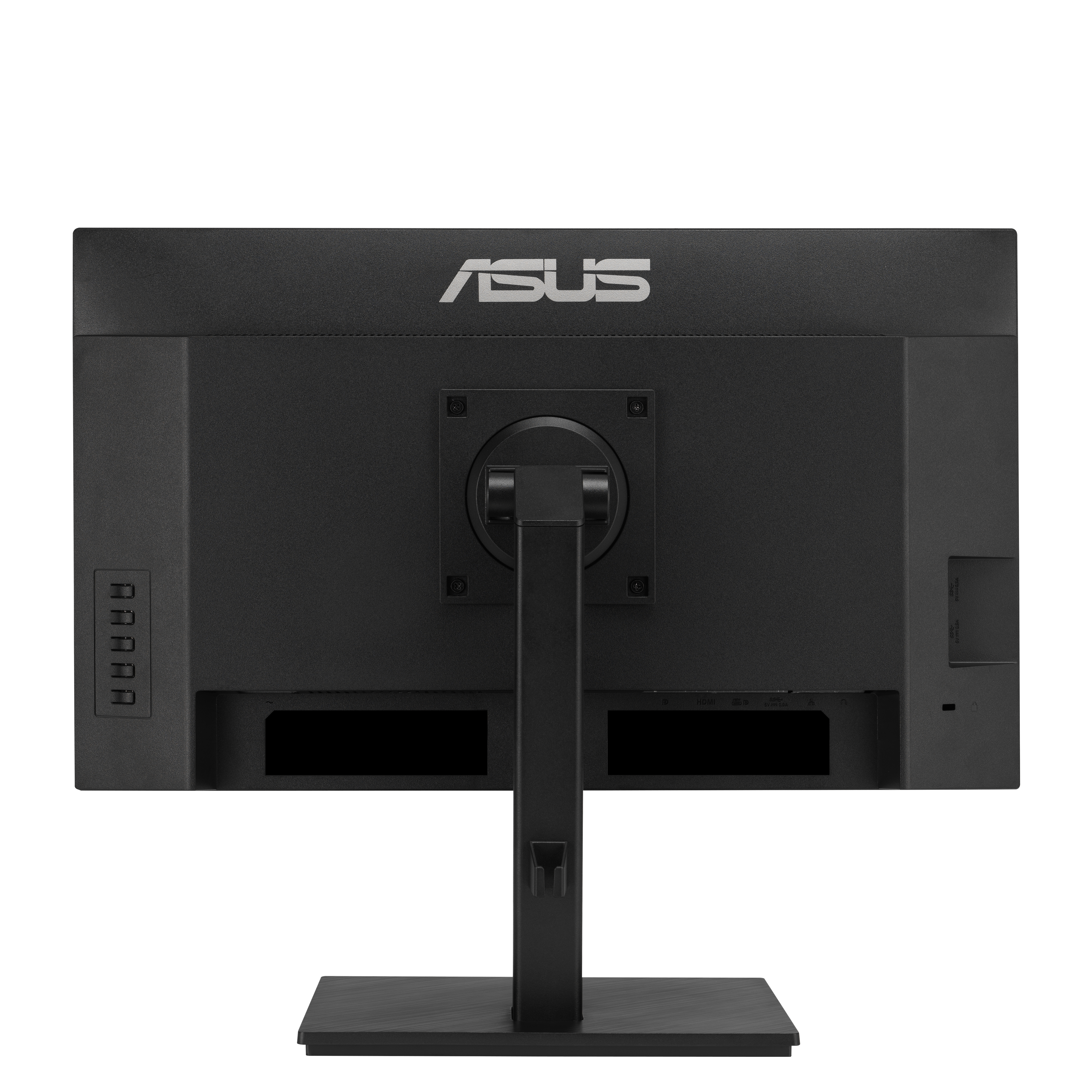 ASUS monitor back. Black with ports, stand mount, and the ASUS logo.