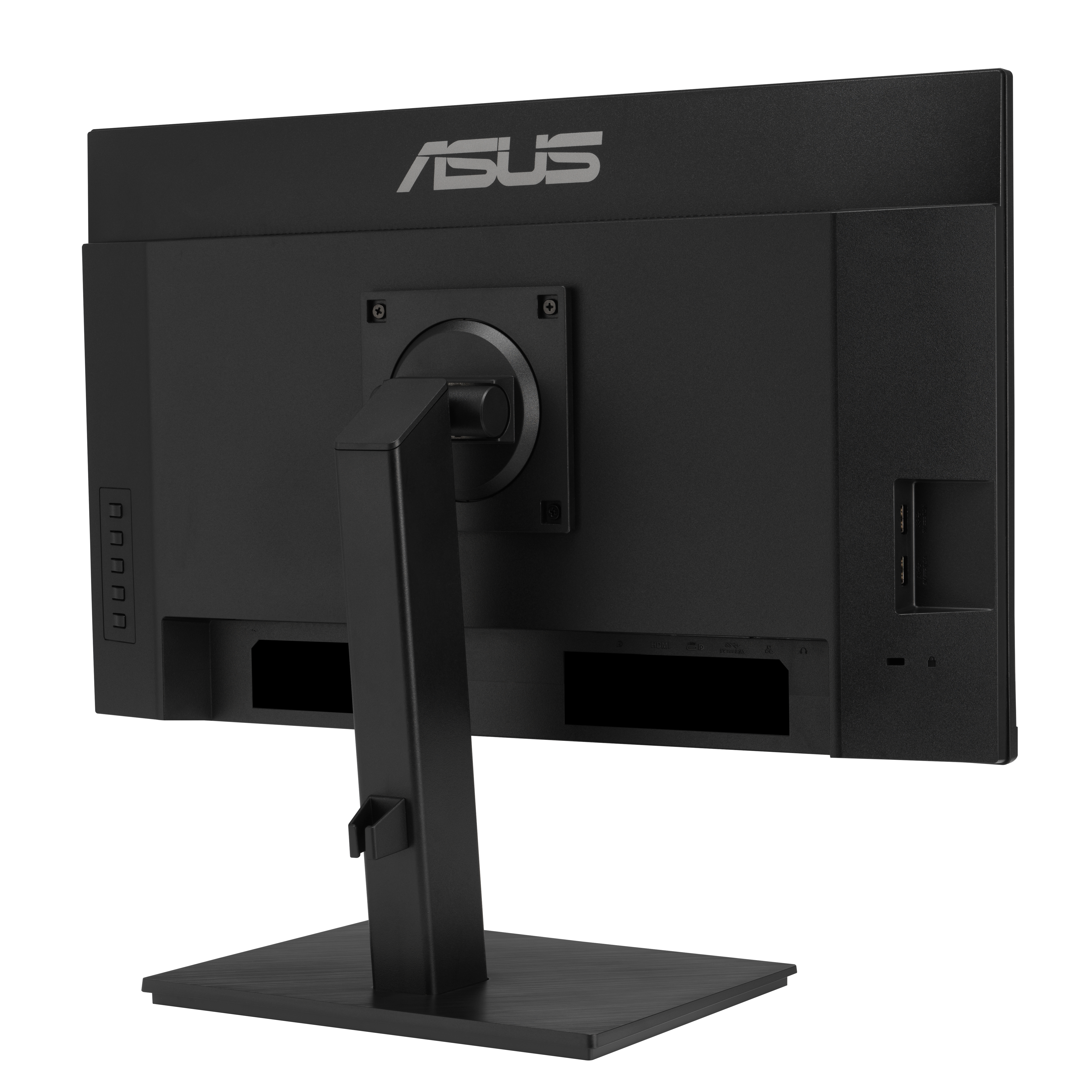 Back view of a black ASUS monitor. The ASUS logo is visible. Stand is black and supports the monitor.