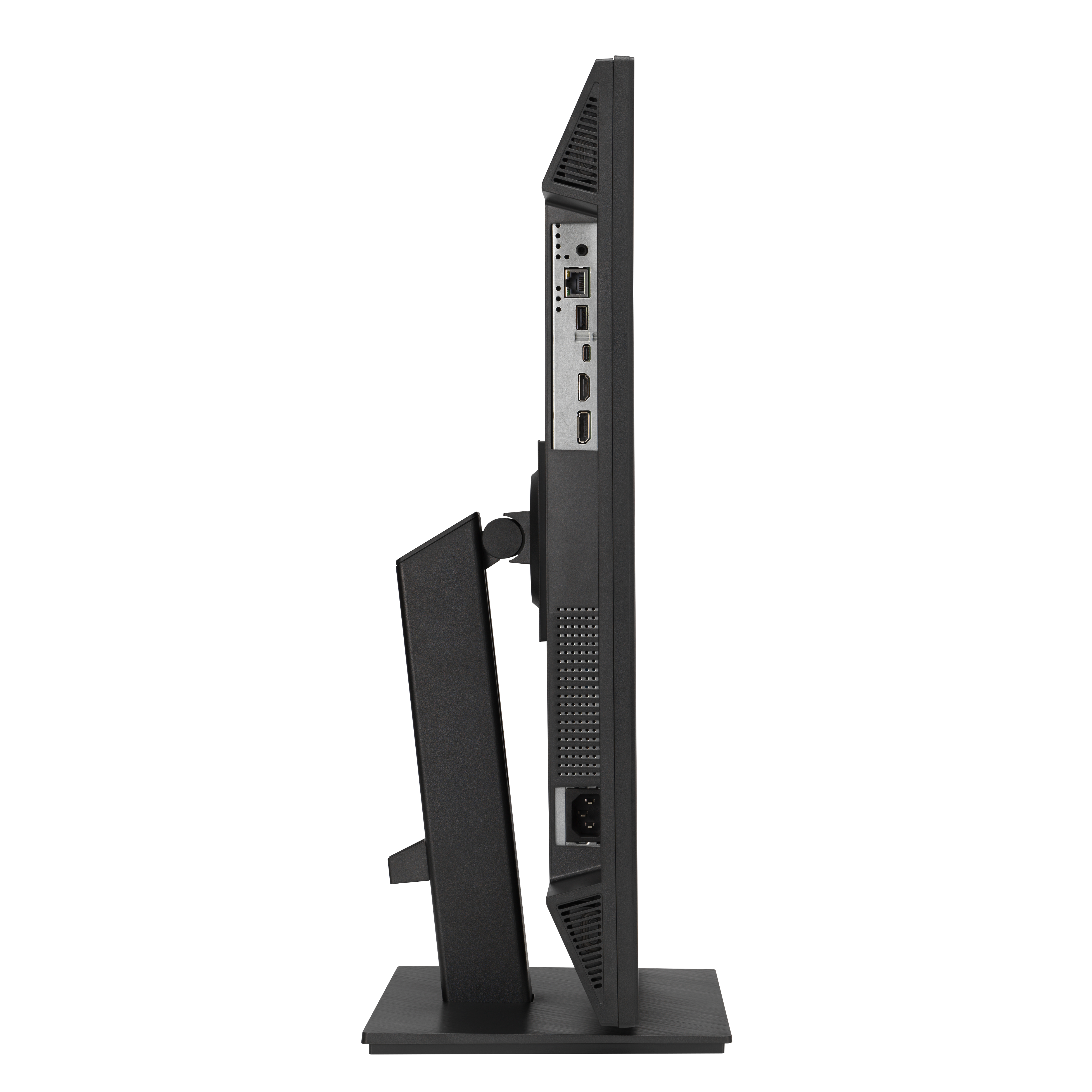 A side view of a black monitor with a stand. Ports and ventilation are visible on the side.