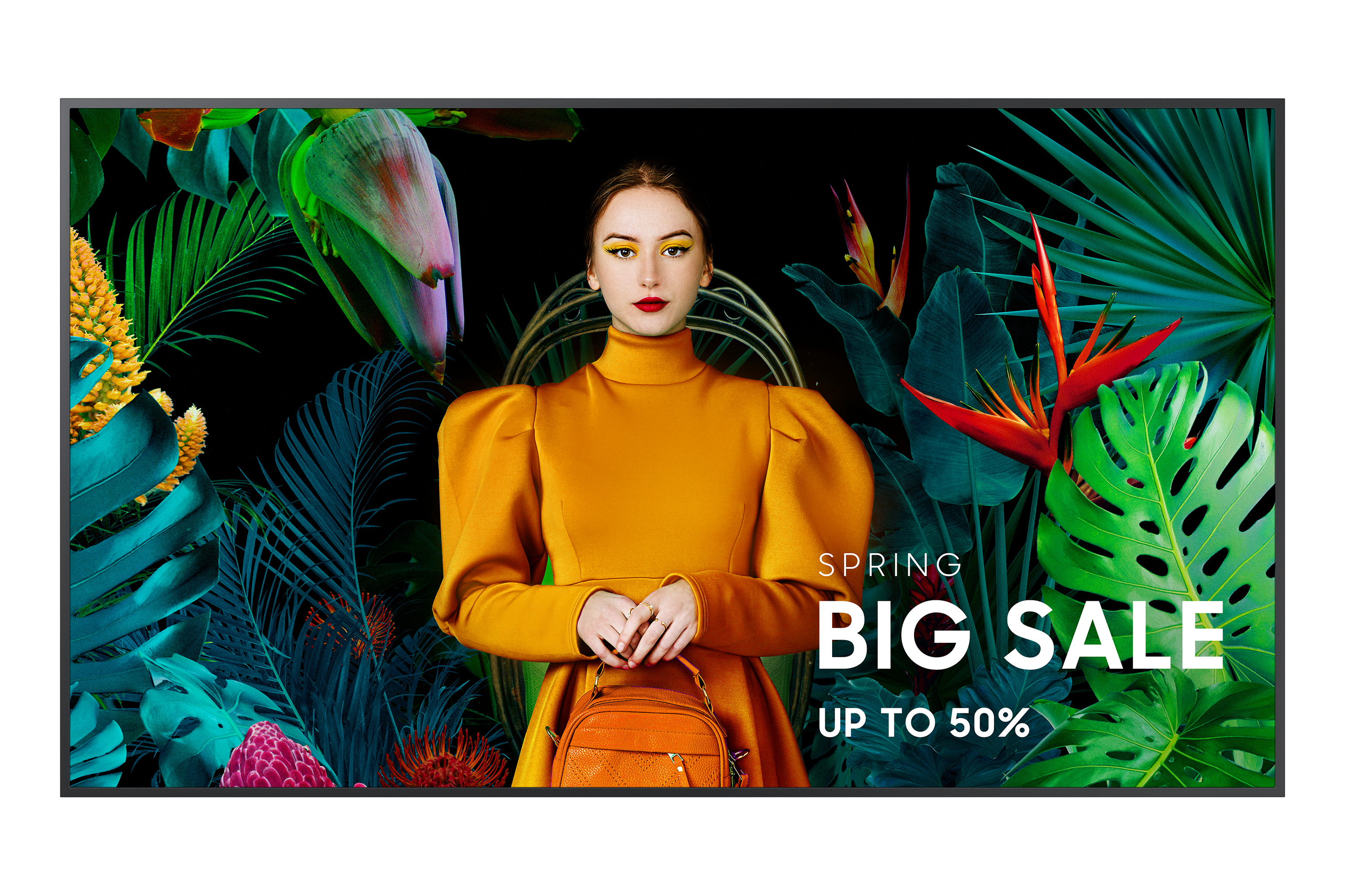 Een breedbeeld met een vrouw in een oranje jurk voor een tropische scène, met de tekst 'Spring Big Sale'.
