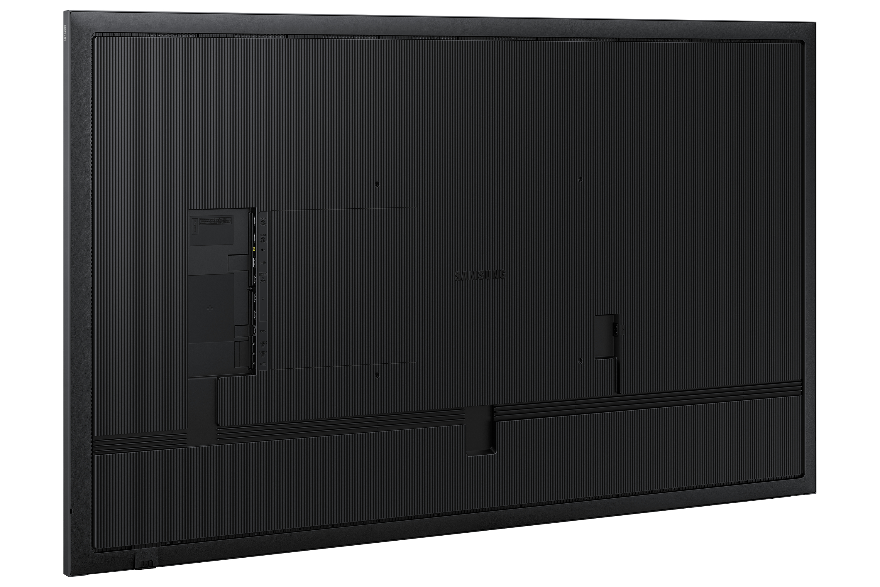 Rückseite eines schwarzen Samsung Fernsehers, Anschlüsse und strukturierte Oberfläche zeigend.