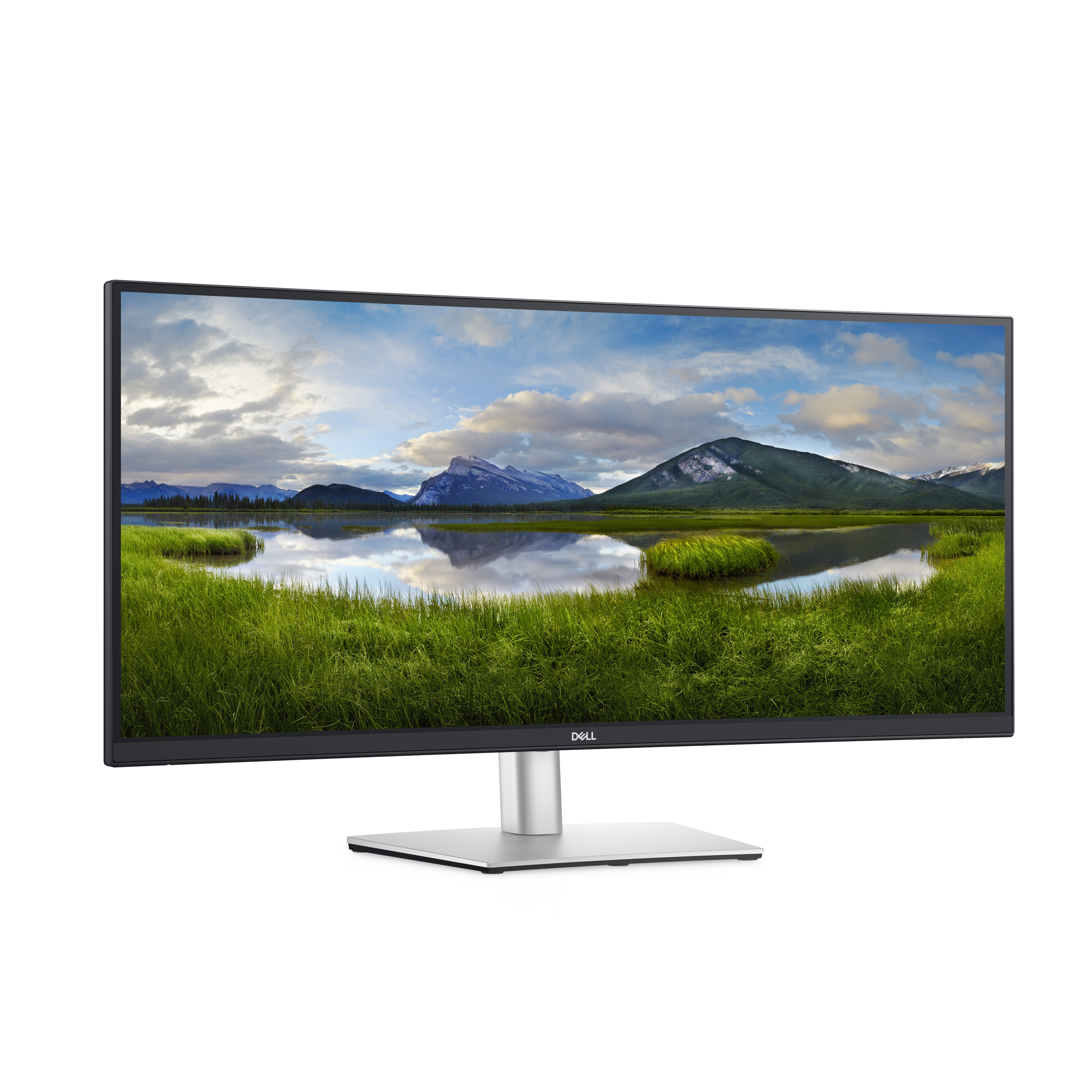 Un monitor muestra un paisaje. El monitor tiene un soporte plateado y un bisel negro delgado, sobre un fondo blanco.