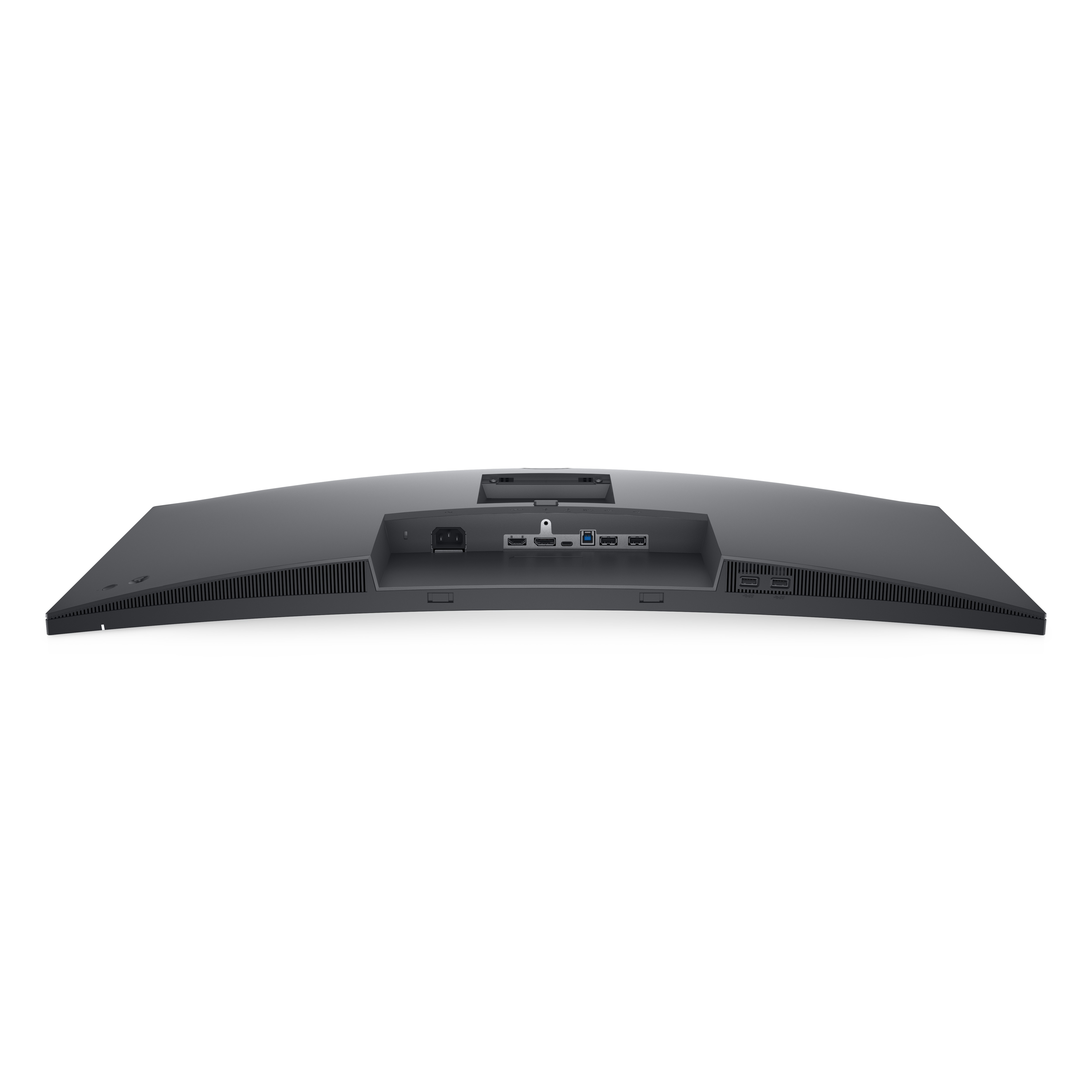 Parte trasera de monitor Dell curvado con puertos, fondo blanco.