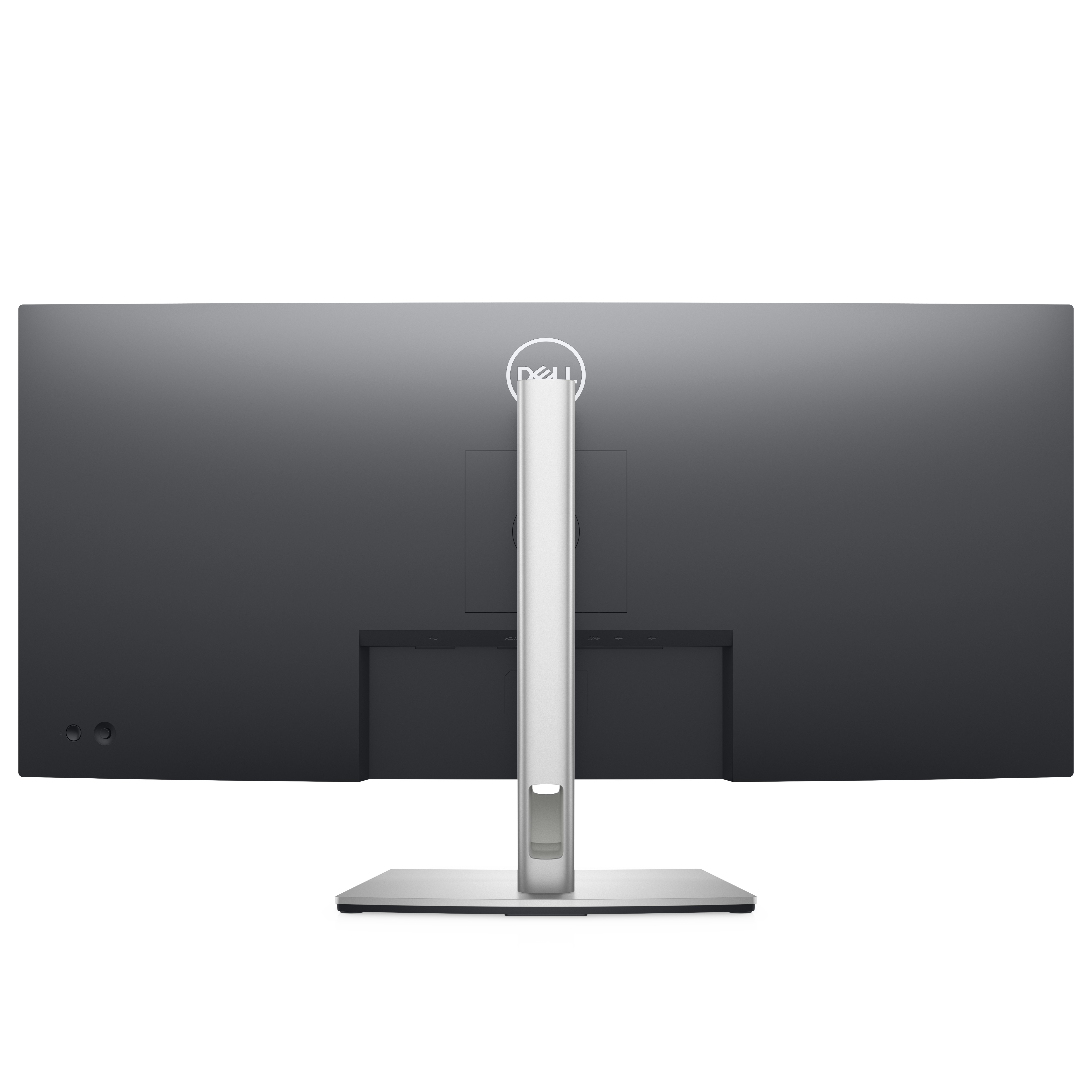 Vista trasera de un monitor Dell, con un soporte plateado. Un logo de Dell está en la parte superior, y los puertos son visibles.