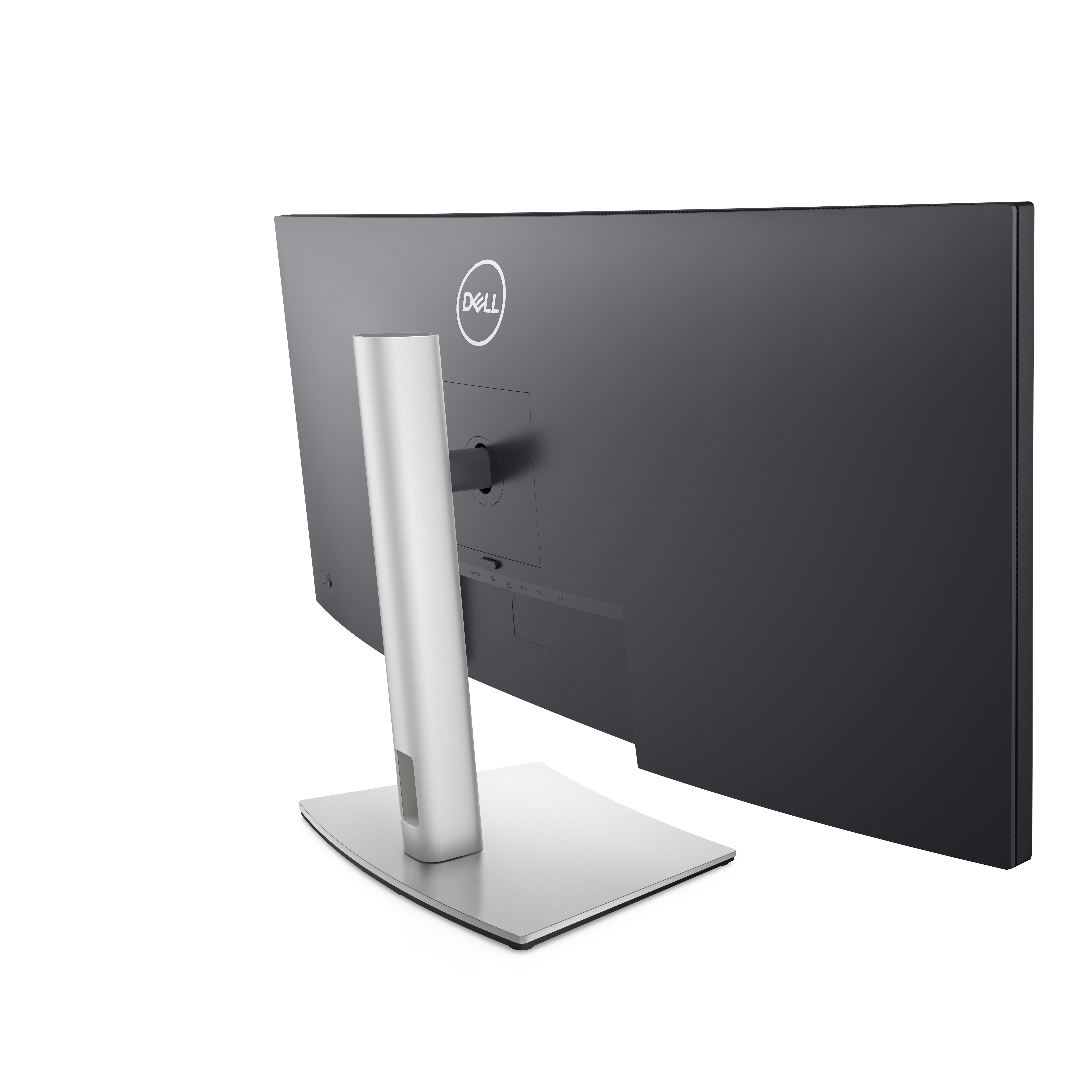 Se muestra la parte trasera de un monitor Dell con un soporte plateado.