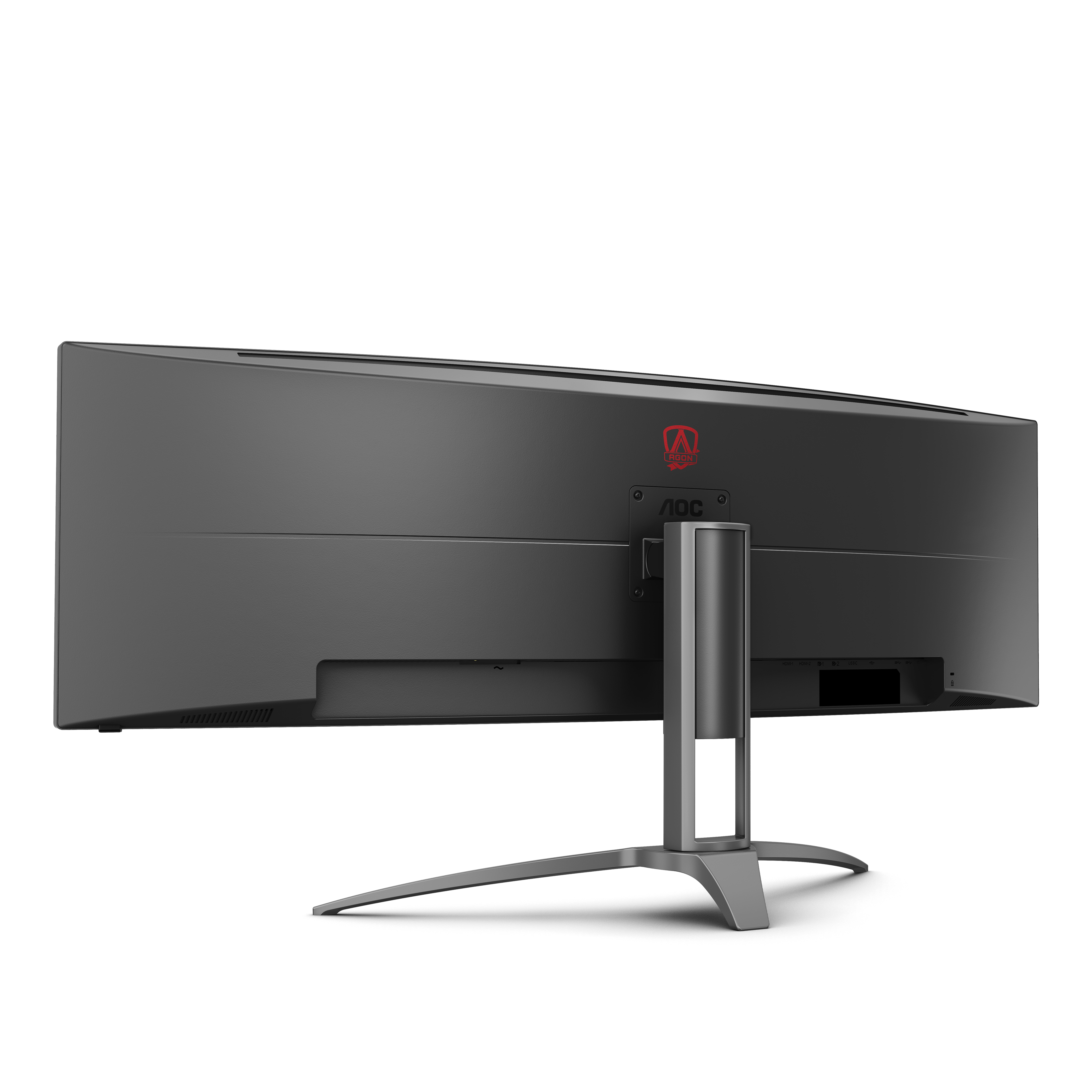Una vista trasera de un monitor negro ancho con el logo de AOC. El soporte es plateado, fondo blanco.