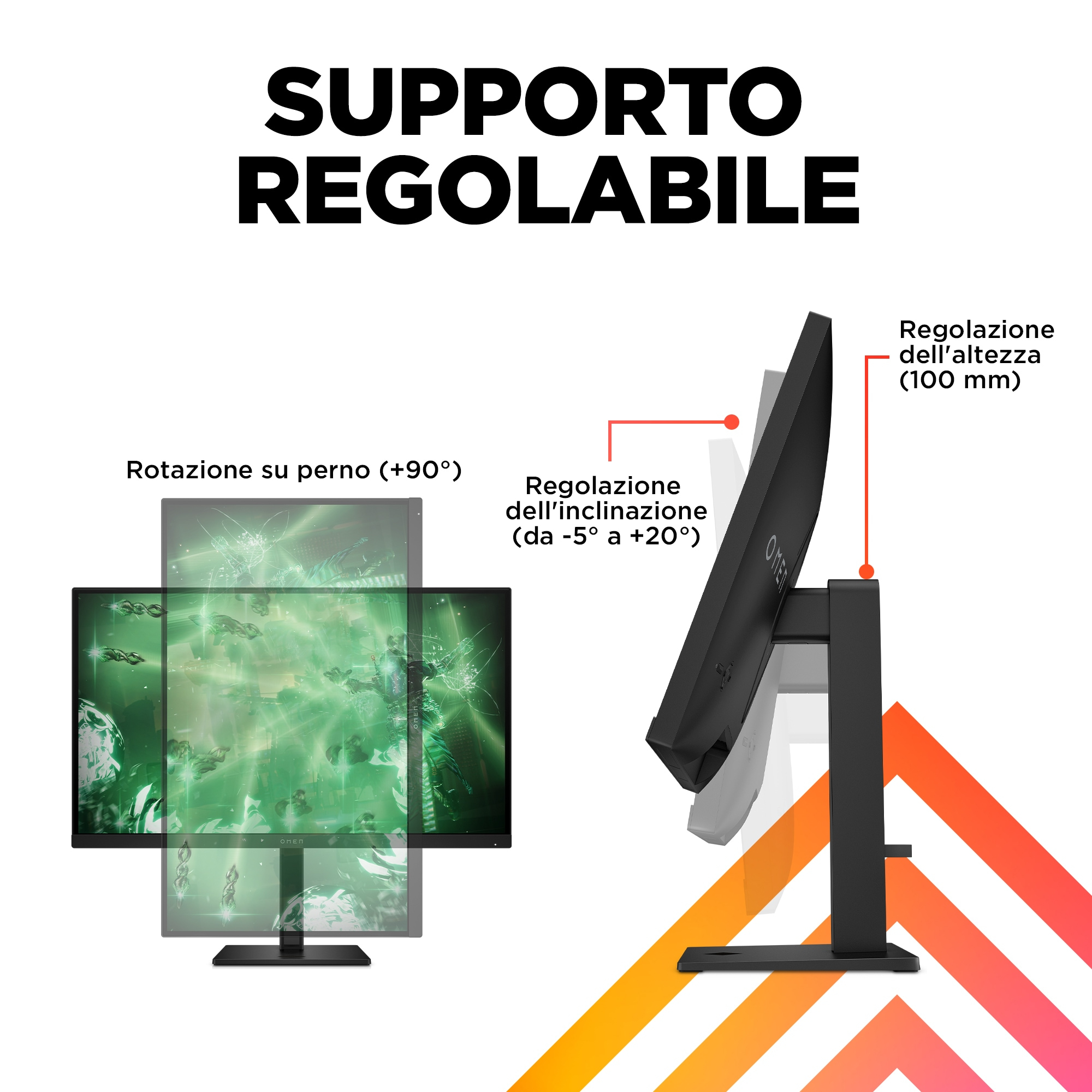 Obrazek pokazujący regulowane funkcje monitora OMEN; pokazano obrót, pochylenie i regulację wysokości.