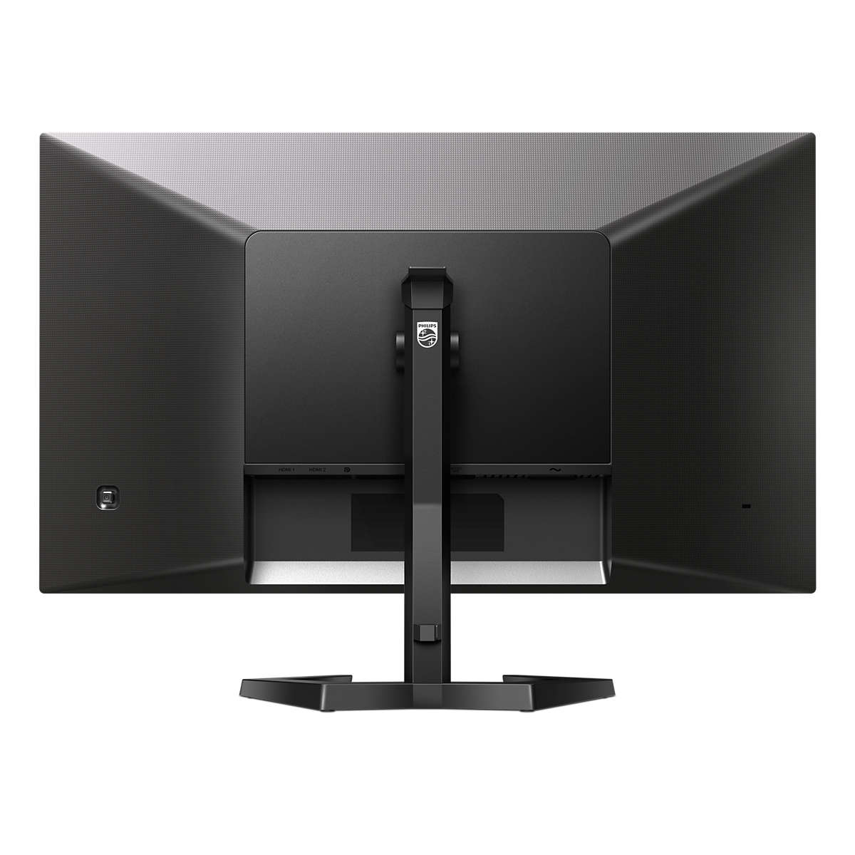 Achterkant van een Philips monitor. Zwart met standaard en poorten. Witte achtergrond. Strak en eenvoudig design.