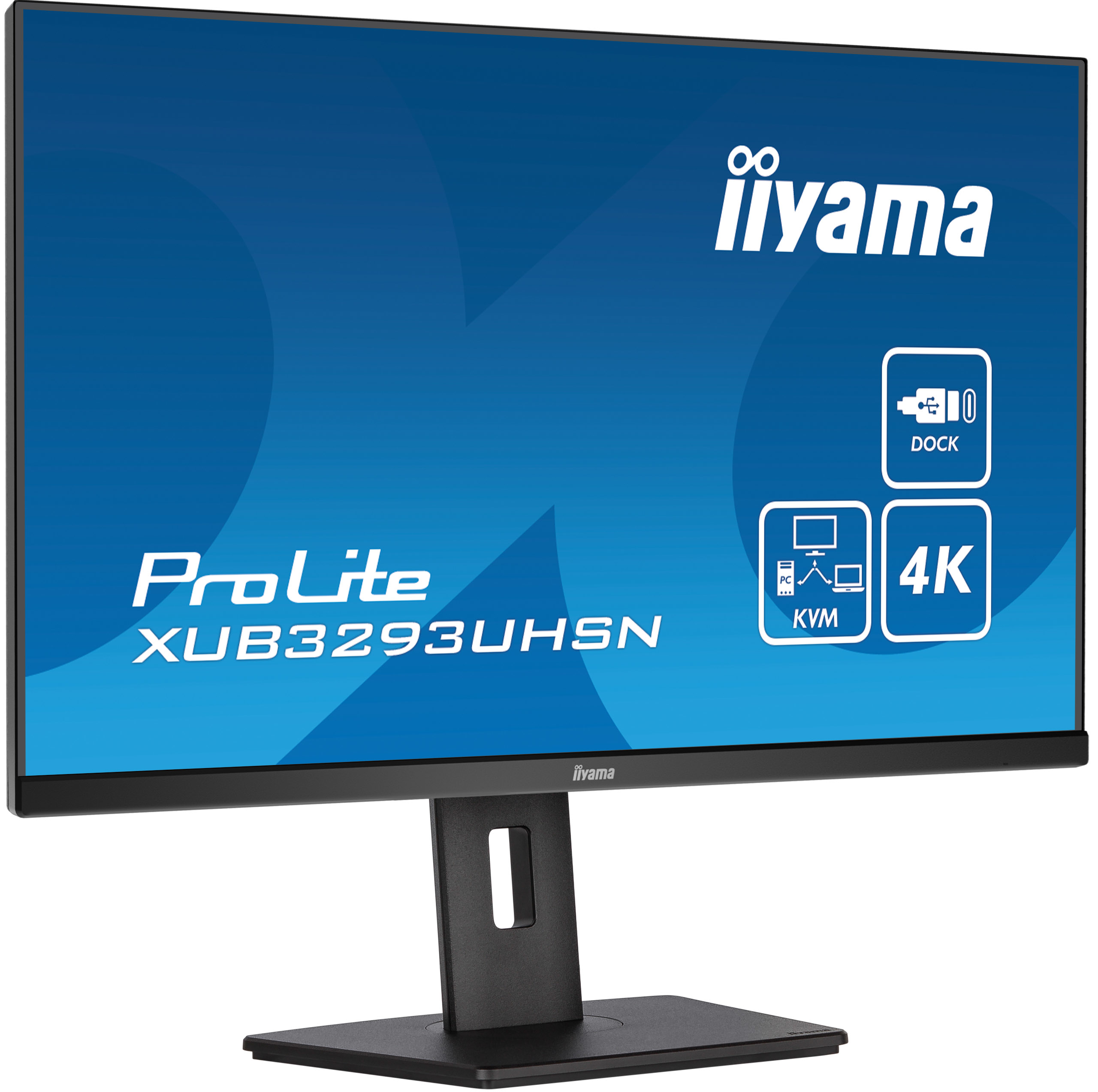 Czarny monitor na podstawie. Model ProLite XUB3293UHSN z 4K i innymi ikonami.
