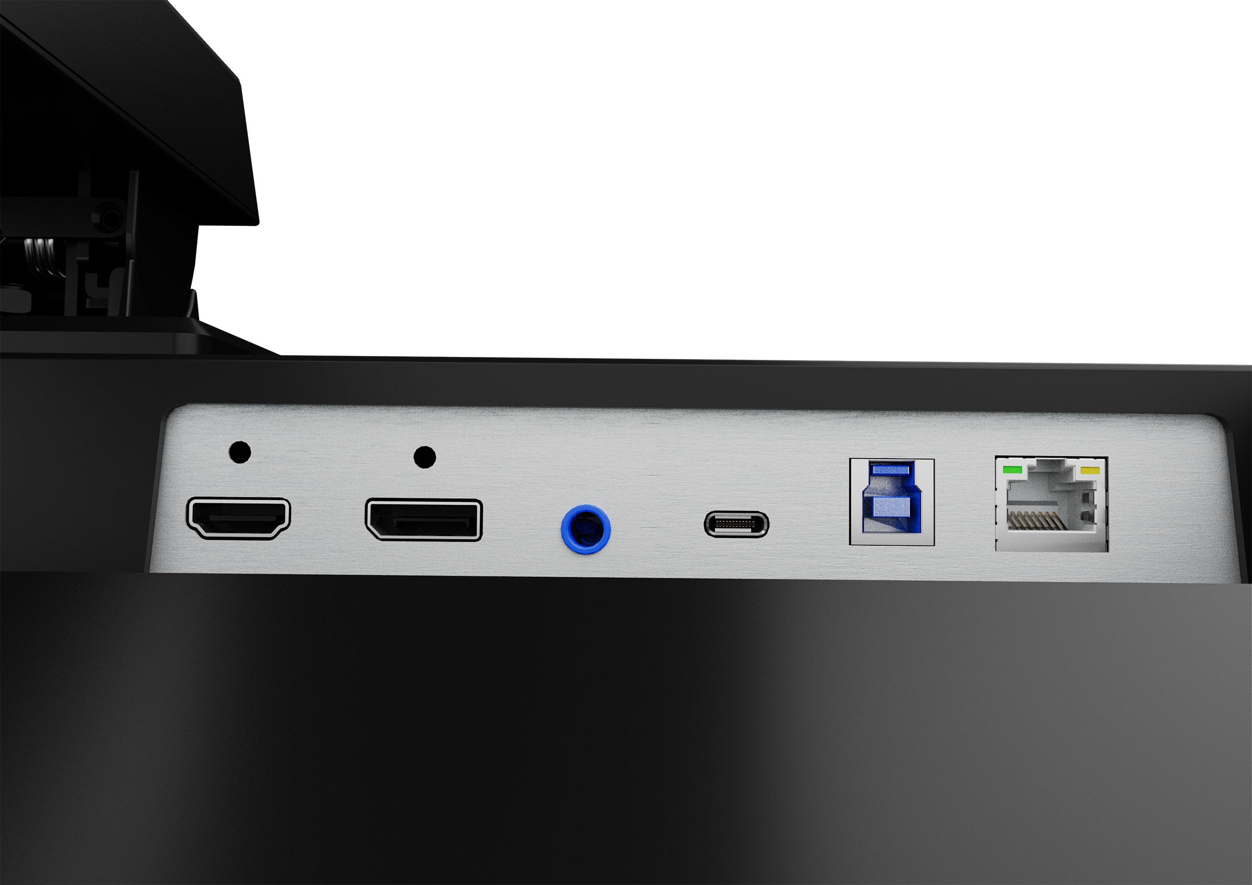 Zbliżenie portów monitora: HDMI, USB-C, Ethernet i audio.