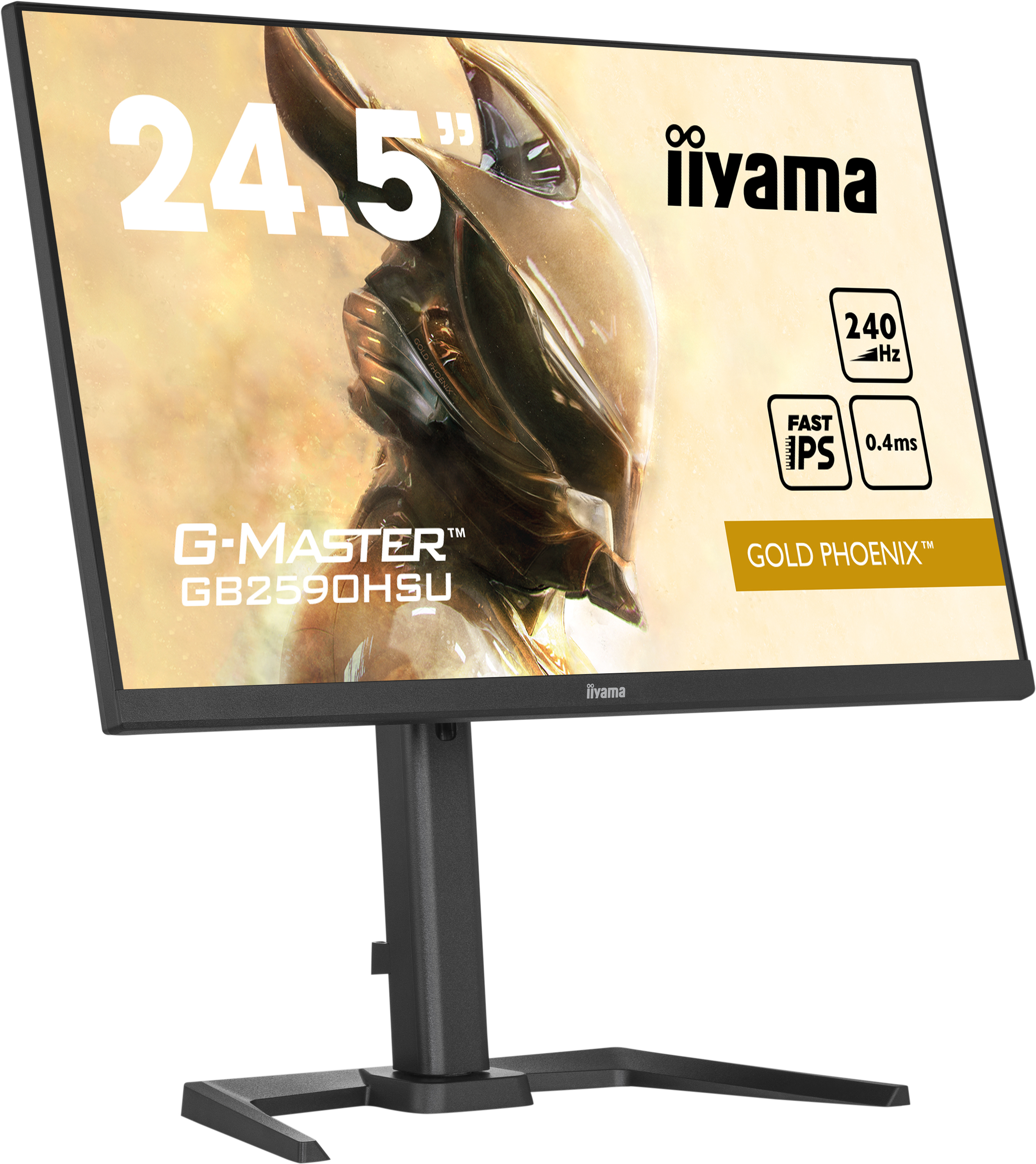 Monitor Iiyama G-Master z grafiką do gier na ekranie, czarna podstawa.