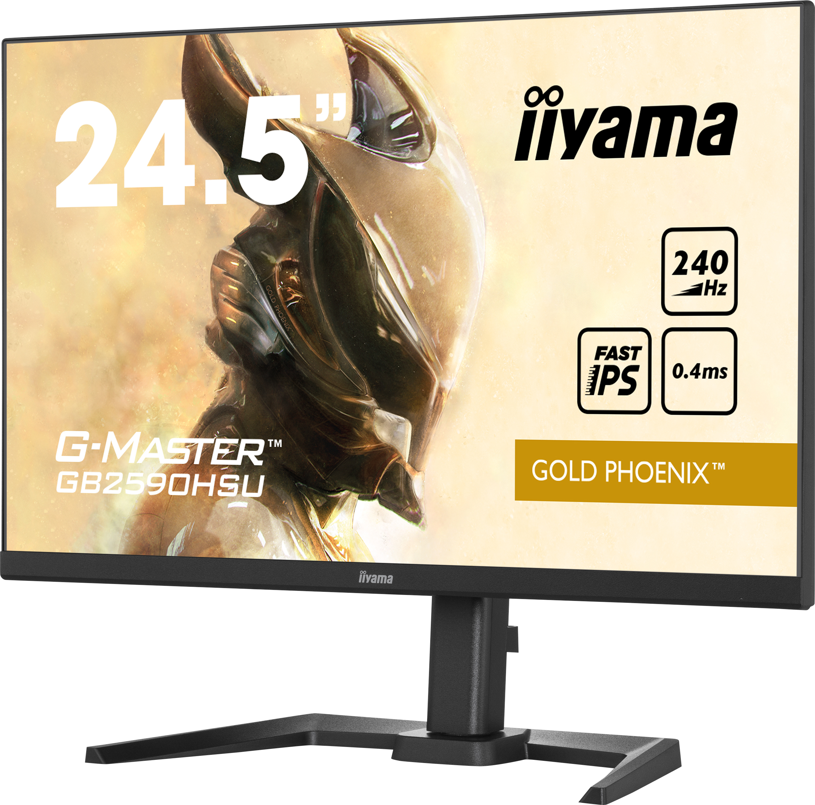 Monitor gamingowy iiyama z obrazem bohatera i tekstem na ekranie. 24,5", 240Hz, Fast IPS i 0,4 ms.