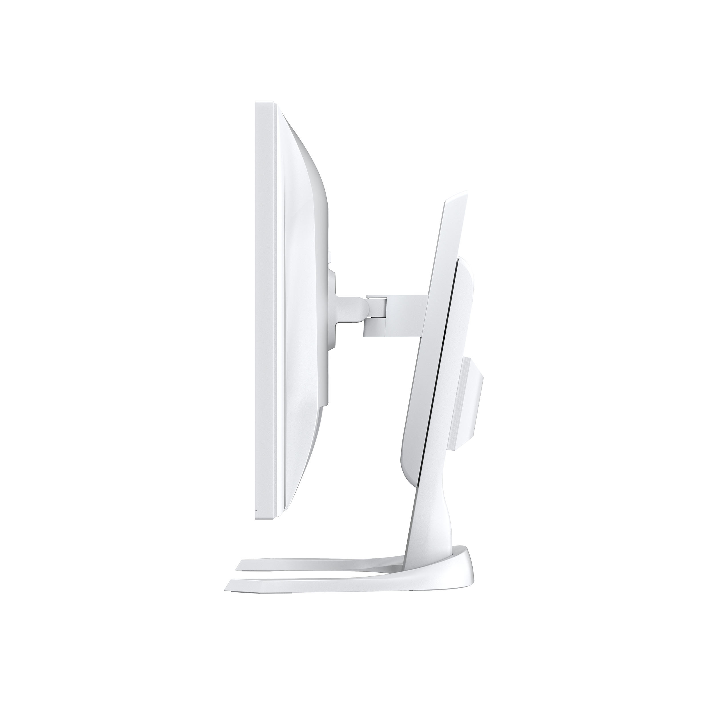 Widok z boku białego monitora z białą podstawą, na białym tle.