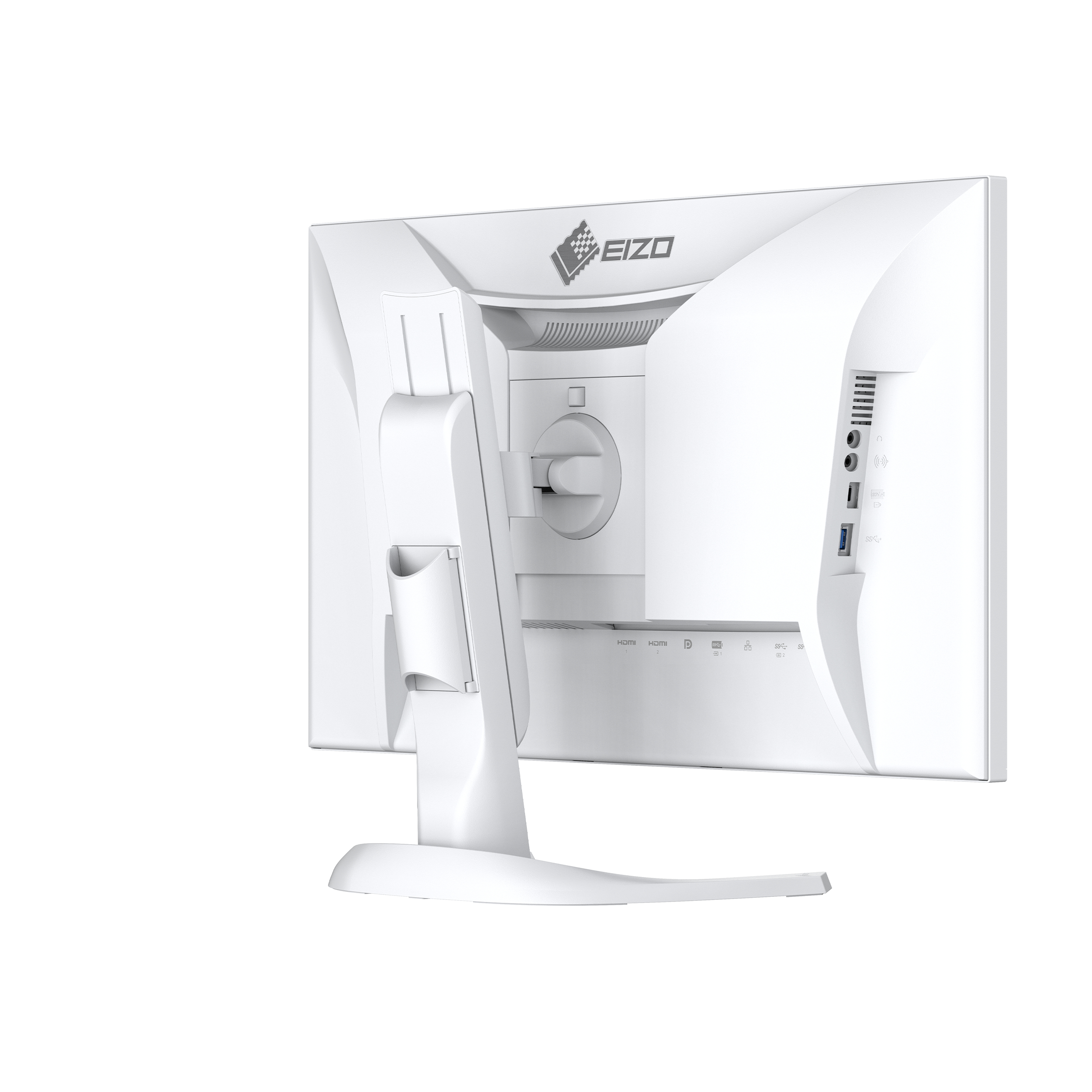 Widok z tyłu białego monitora z logo EIZO. Widoczne są również porty i podstawa.