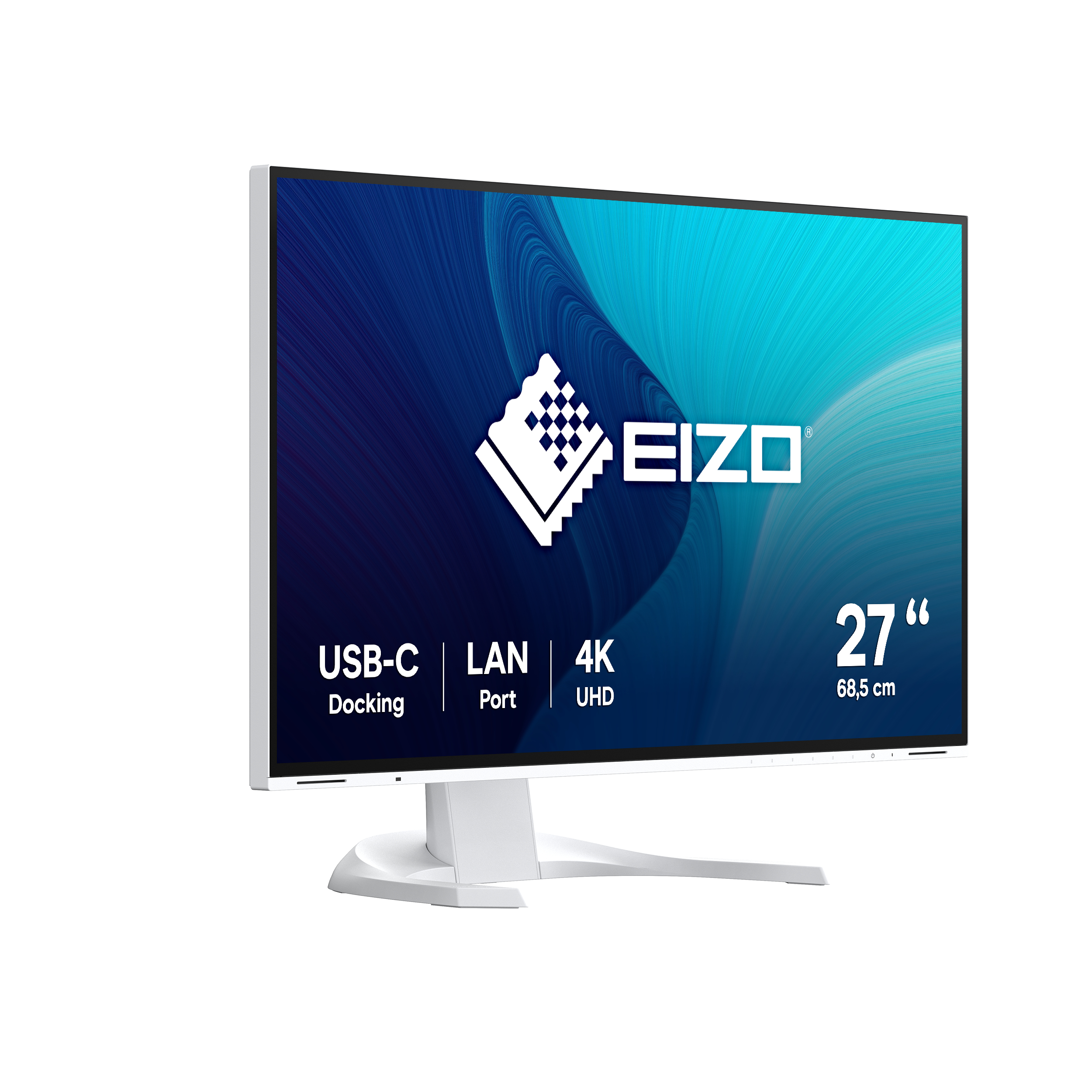 Biały monitor EIZO z niebiesko-białym abstrakcyjnym ekranem, USB-C, LAN i funkcjami 4K UHD.