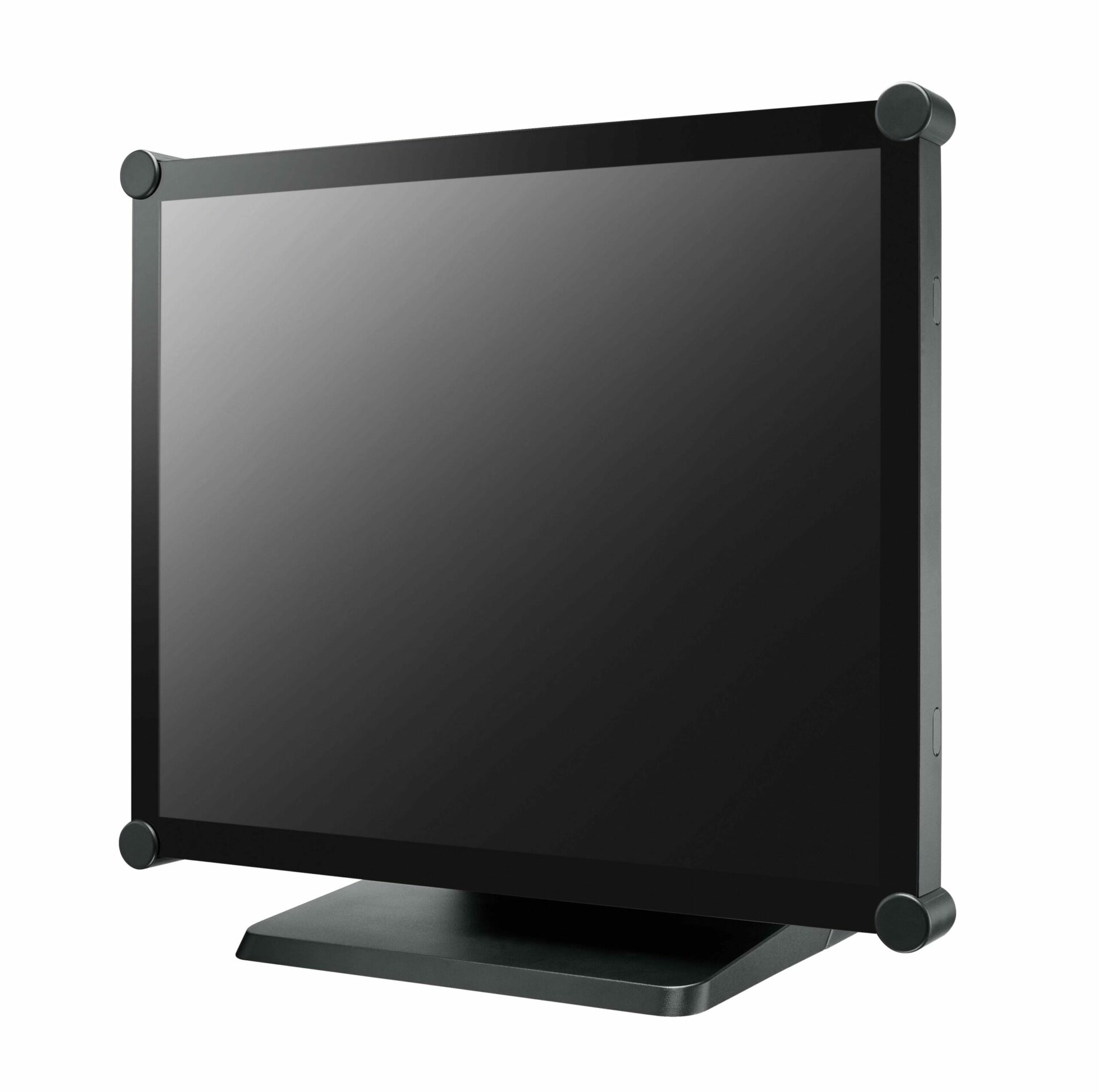 Black monitor with a black base and rounded corners. White background.