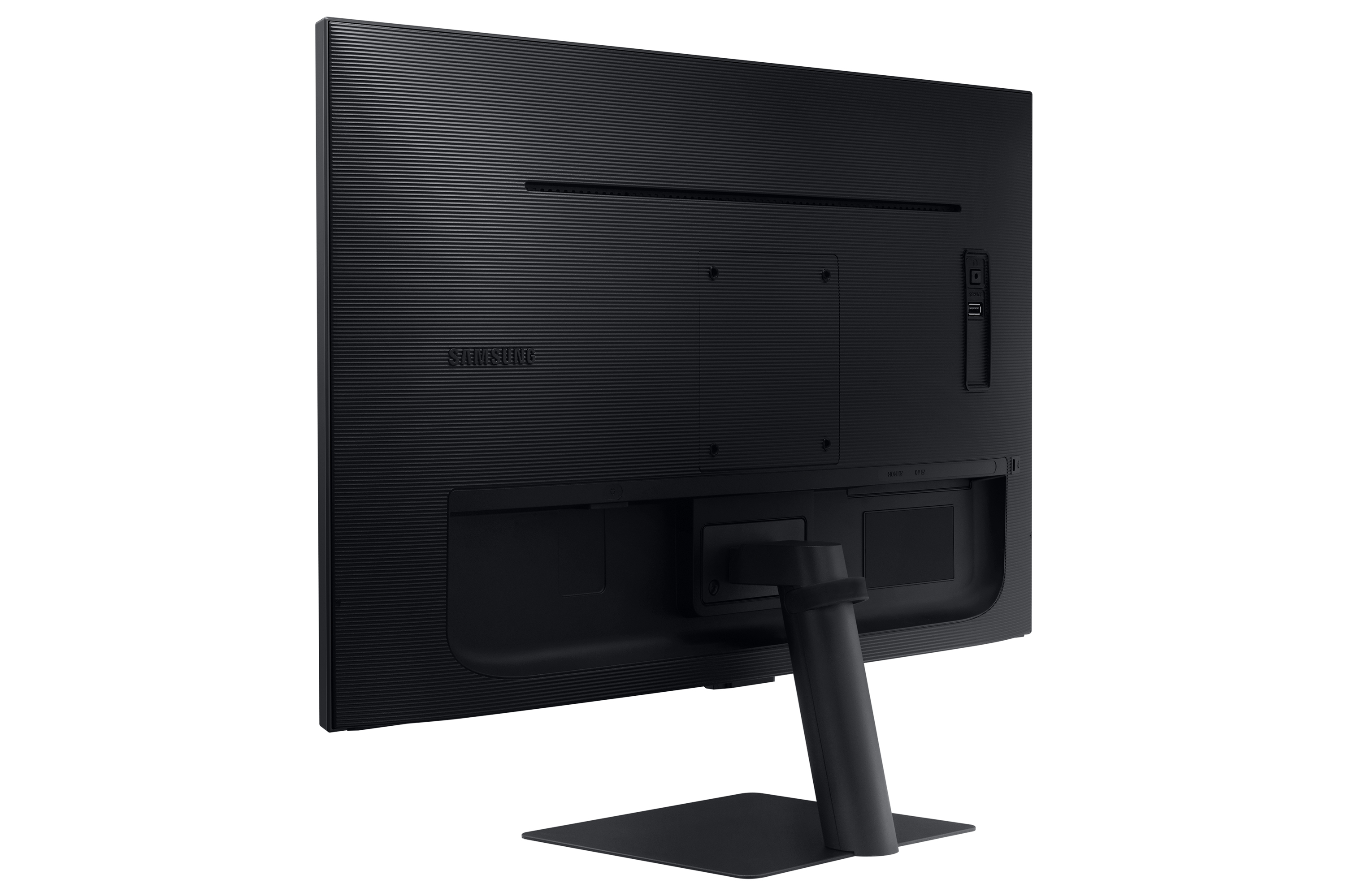 Il retro di un monitor per computer nero. Ha porte e un supporto per il supporto, su sfondo bianco.