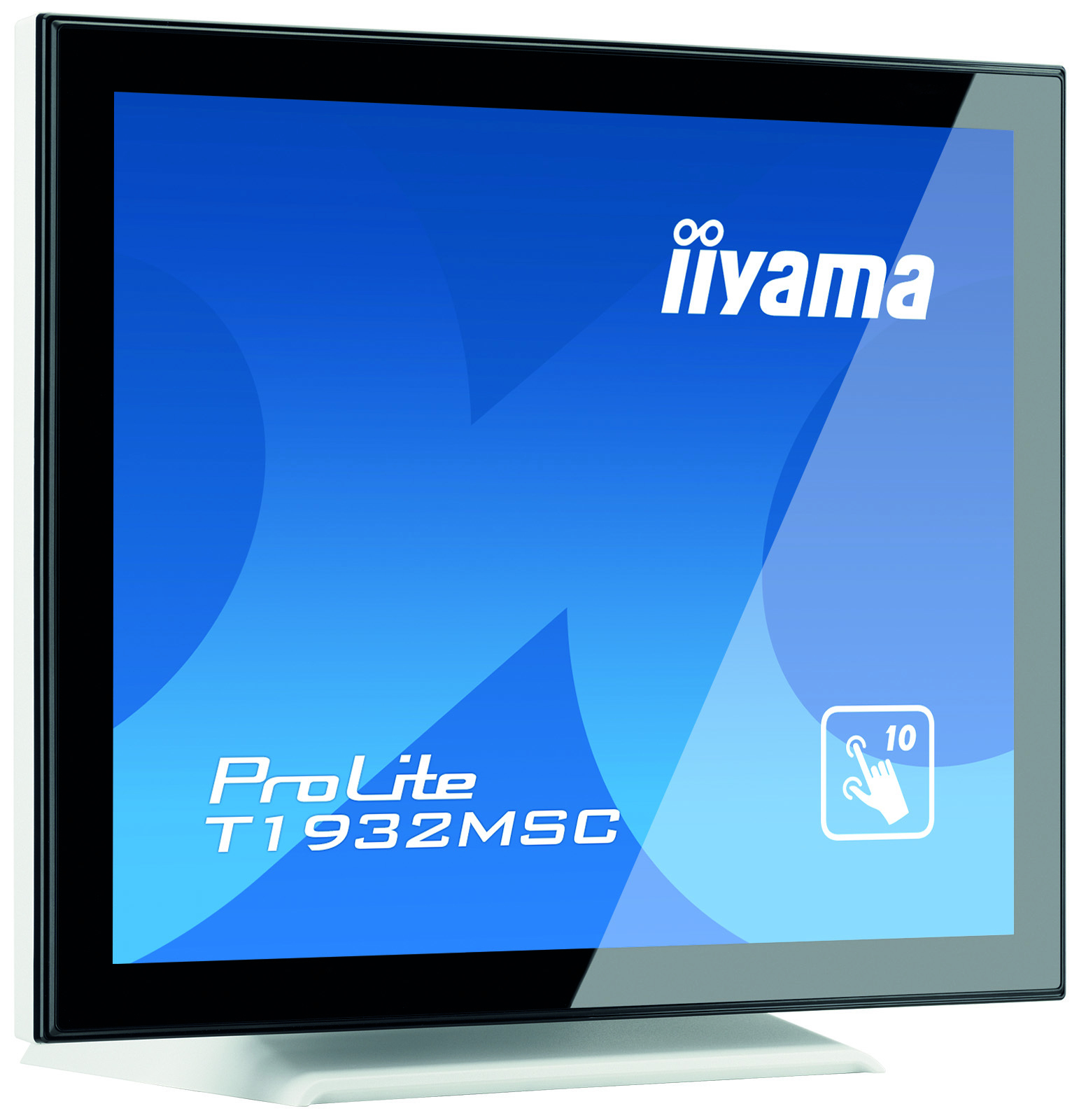 Ein Monitor mit schwarzem Rahmen und weißem Sockel, der einen blauen Hintergrund zeigt.