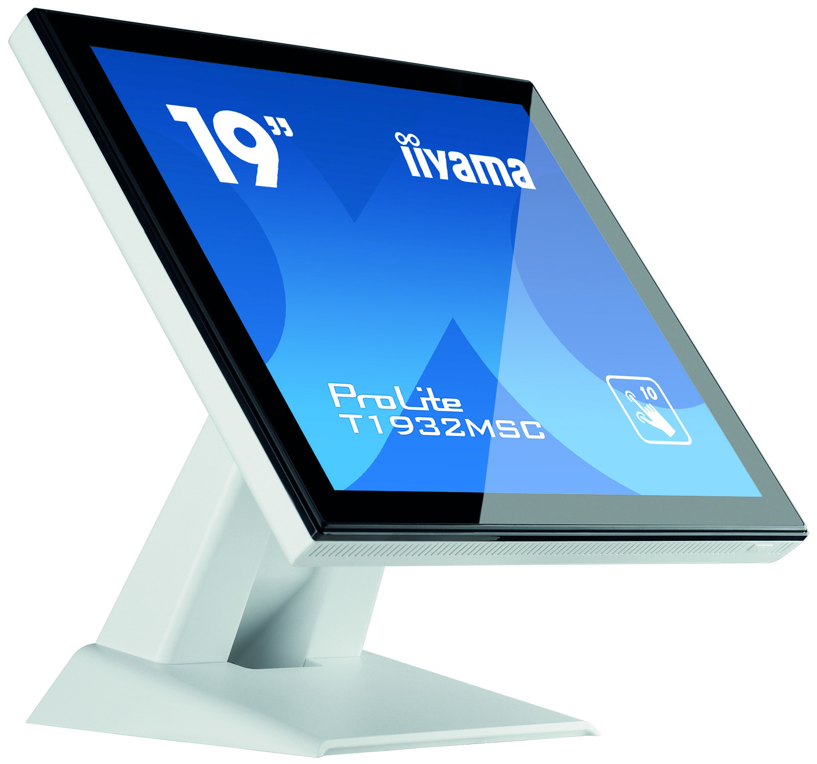 Ein weißer und schwarzer Computerbildschirm, Text auf dem Bildschirm: 19" iiyama ProLite T1932MSC.