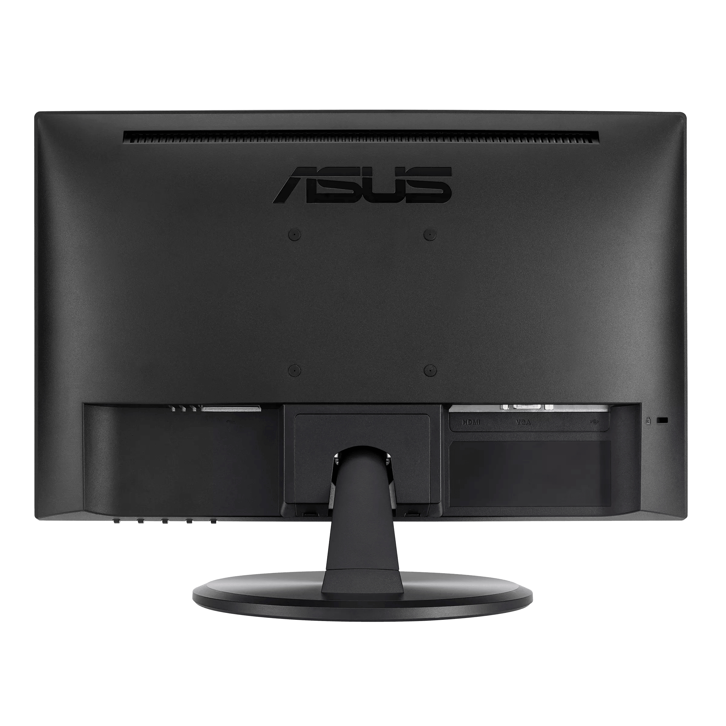 Parte trasera de un monitor ASUS negro con logotipos, puertos y un soporte.
