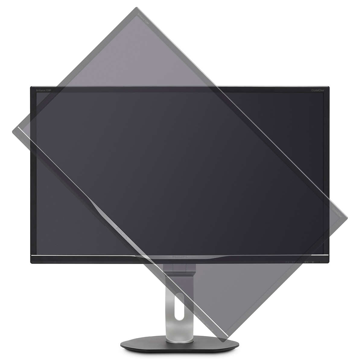 Un monitor del computer con uno schermo girevole. Lo schermo è nero con una base argentata.