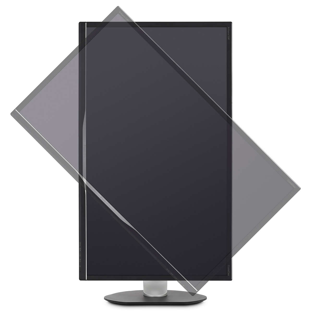 Monitor angolato per la visualizzazione, schermo nero pieno, sfondo bianco.