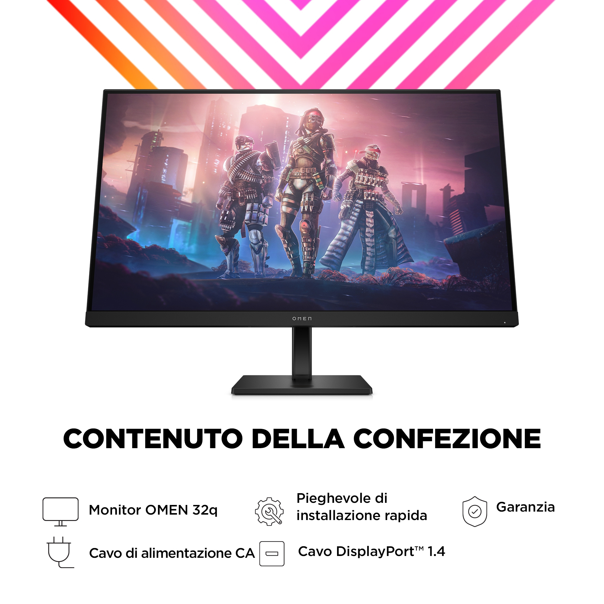 Een Omen-monitor met een dynamische afbeelding erbovenop. Tekst bevat 'CONTENUTO DELLA CONFEZIONE' en pictogrammen.