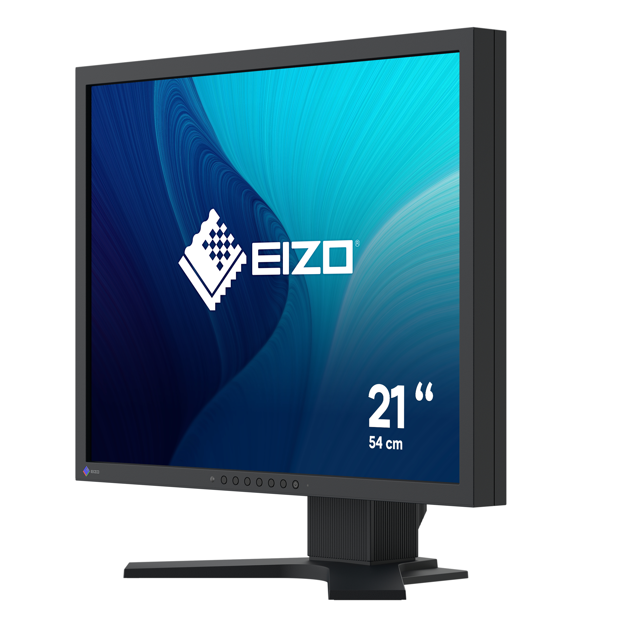 21-Zoll EIZO Monitor. Schwarzer Rahmen. Blau-schwarzer Bildschirm. Ständer sichtbar.