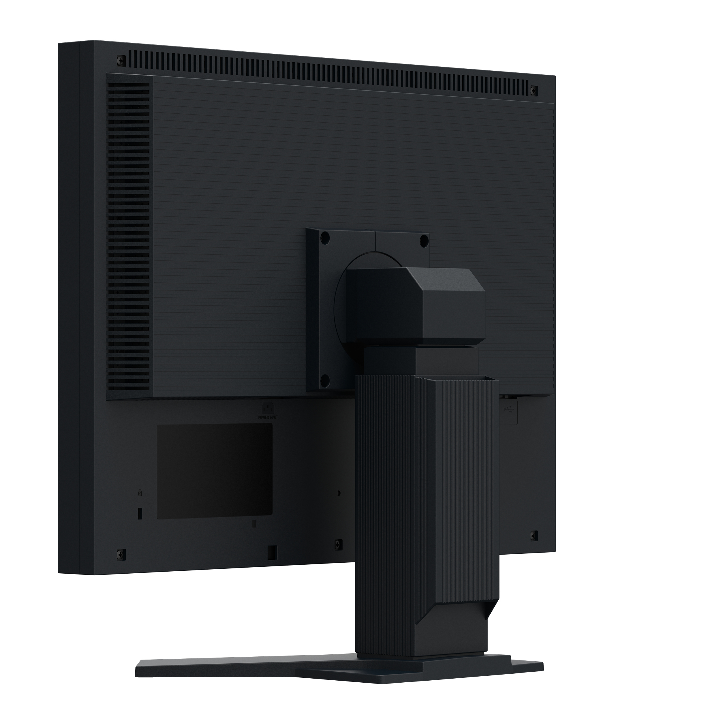 Rückansicht eines schwarzen Monitors mit Ständer und Anschlüssen. Weißer Hintergrund.