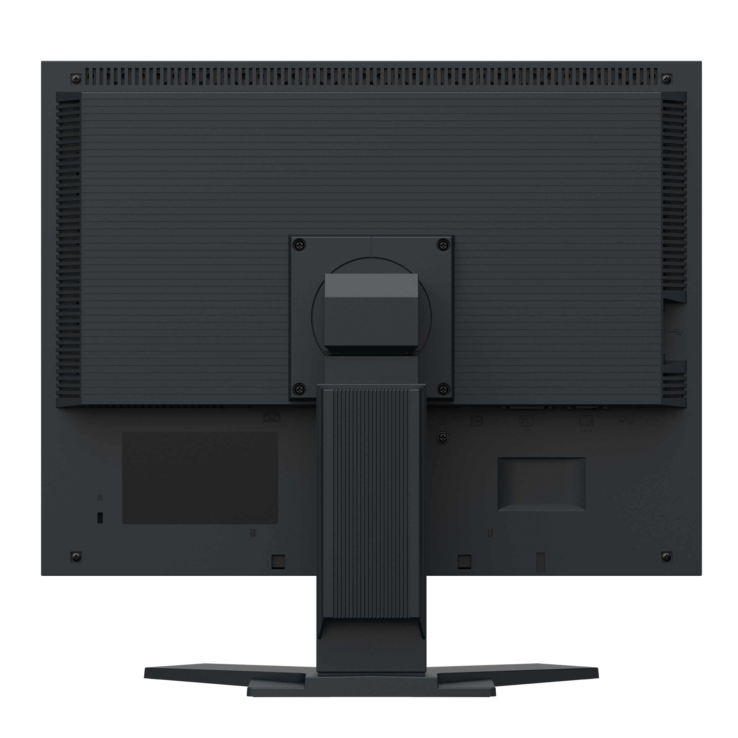 Rückansicht eines schwarzen Monitors mit Ständer und verschiedenen Anschlüssen.